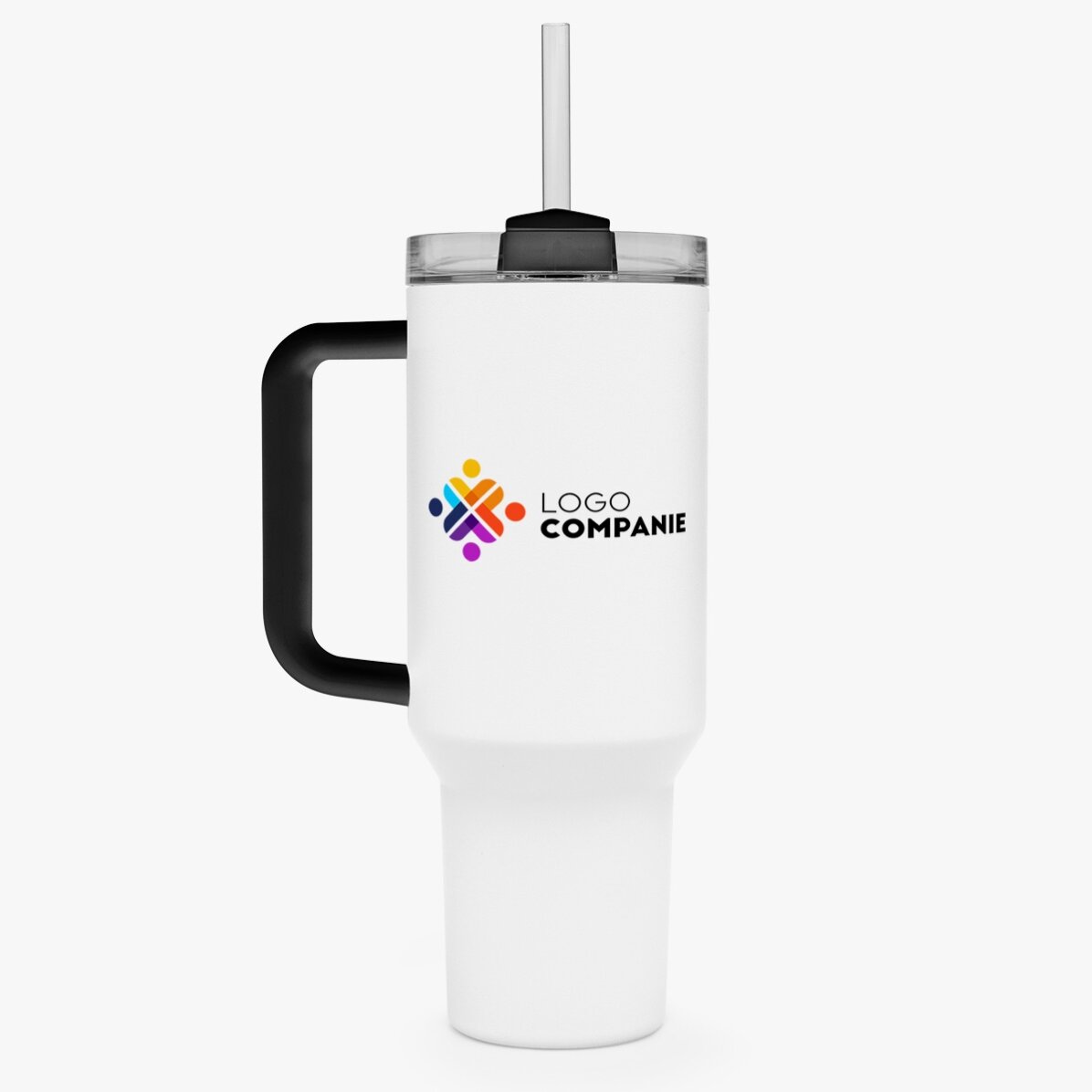Taza termo con asa y pajita personalizada con logotipo