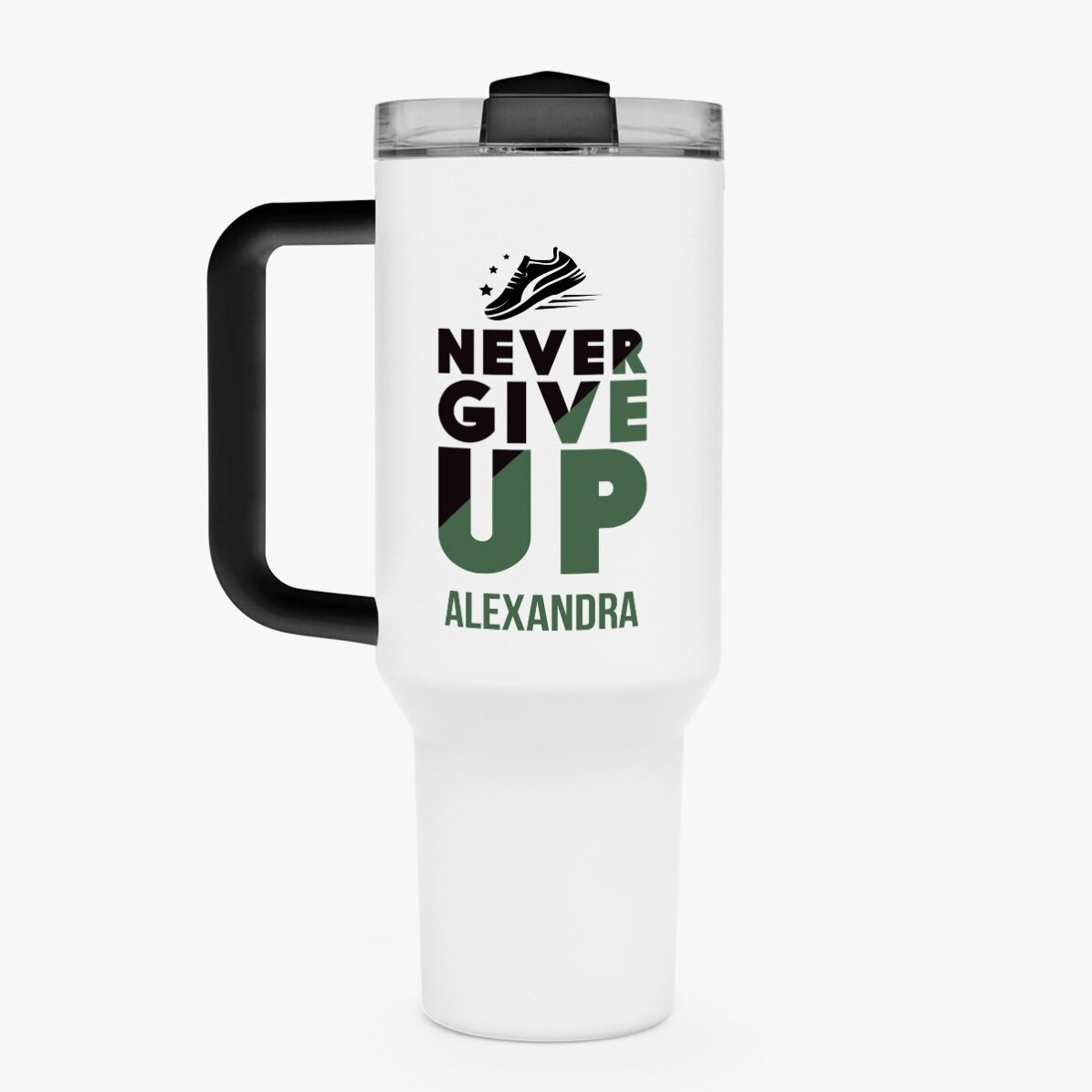 Taza térmica con asa y pajita personalizada con nombre - Never give up