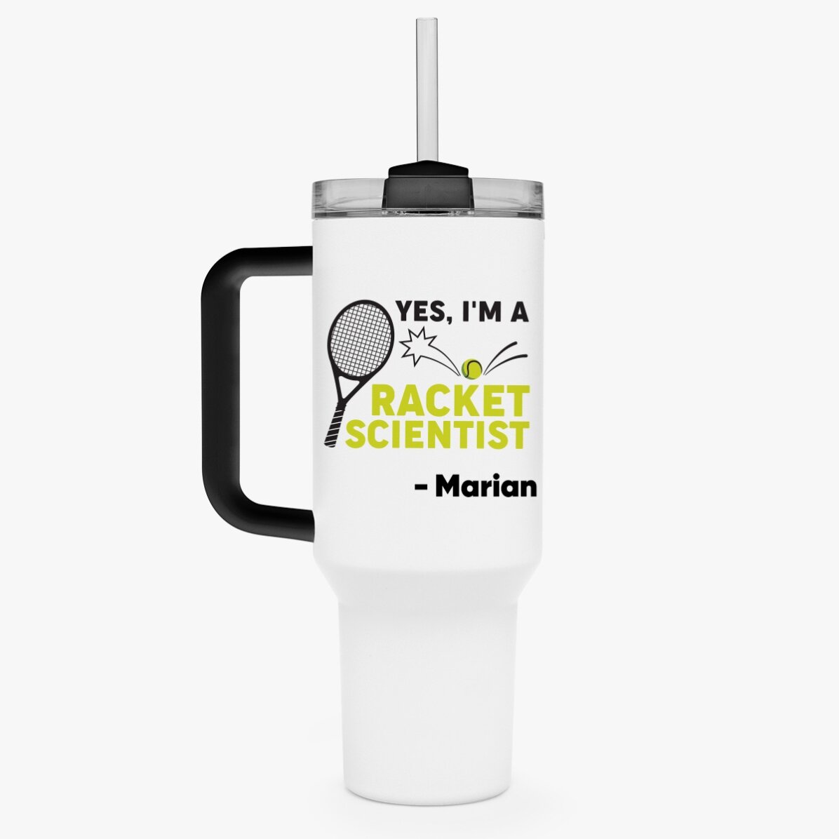 Taza termo con asa y pajita personalizada con texto - Racket scientist