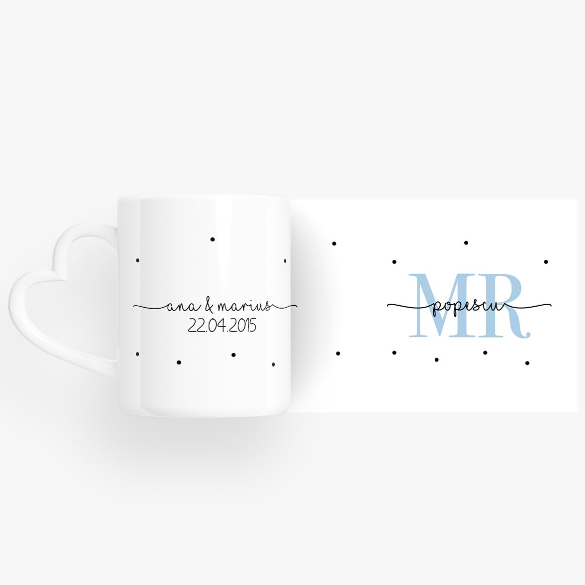 Tazas para parejas personalizadas con texto y fecha - MRS & MR - modelo con asa en forma de corazón