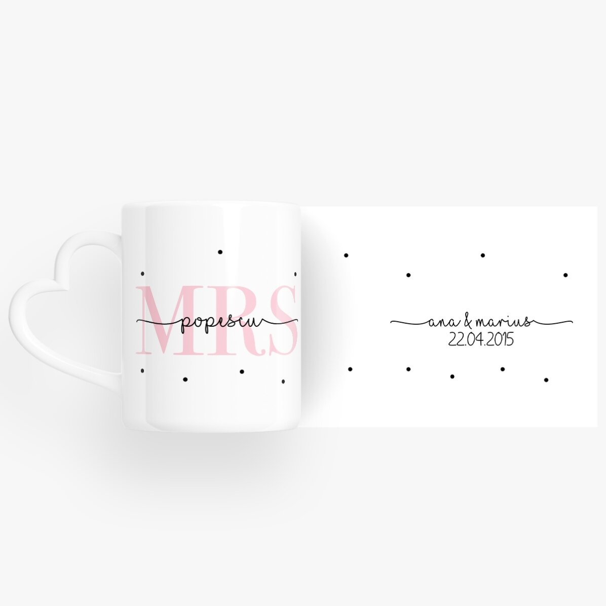 Tazas para parejas personalizadas con texto y fecha - MRS & MR - modelo con asa en forma de corazón