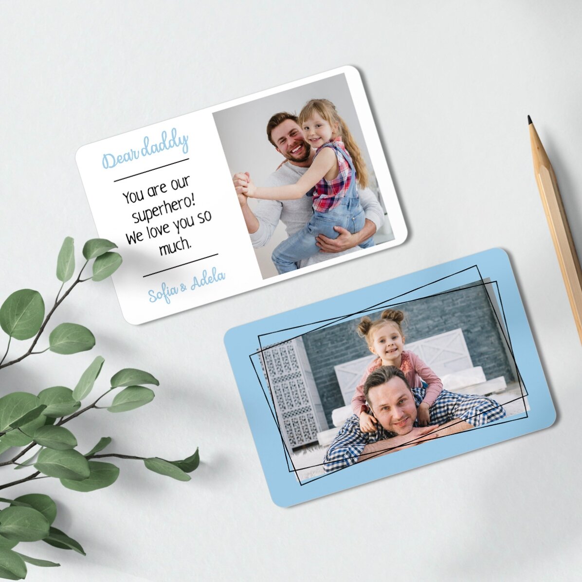 Tarjeta de aluminio personalizada por ambas caras con 2 fotos y un mensaje