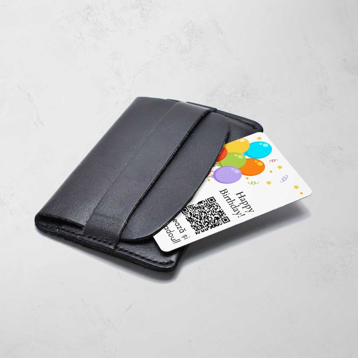 Tarjeta de aluminio personalizada por ambas caras con un mensaje, un código QR y una foto: ¡Feliz cu