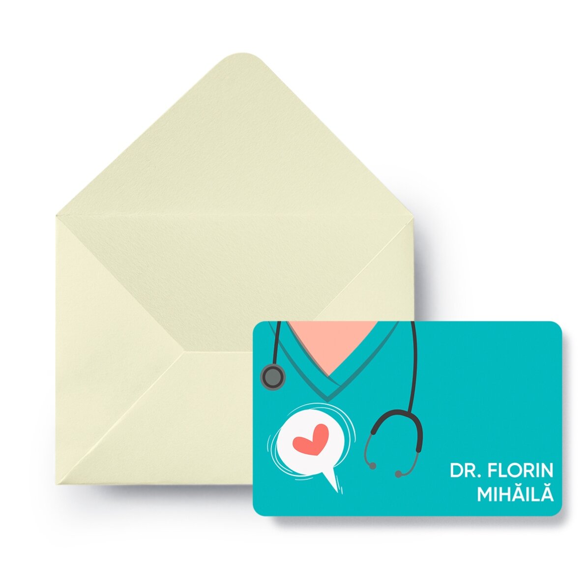 Tarjeta de aluminio personalizada por ambas caras con un mensaje para el médico o el auxiliar de enf