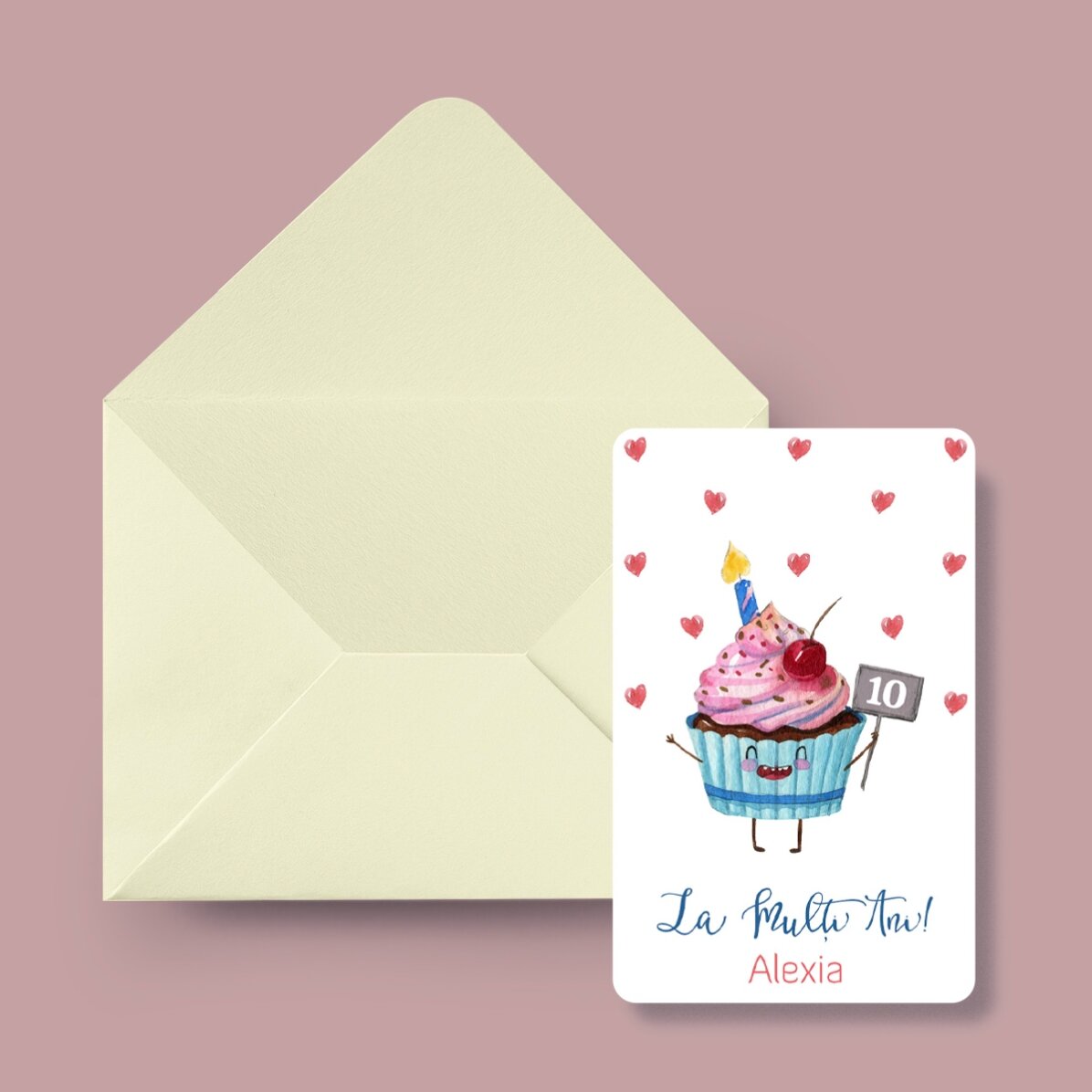 Tarjeta de aluminio personalizada por ambas caras con un mensaje y una foto - Cupcake
