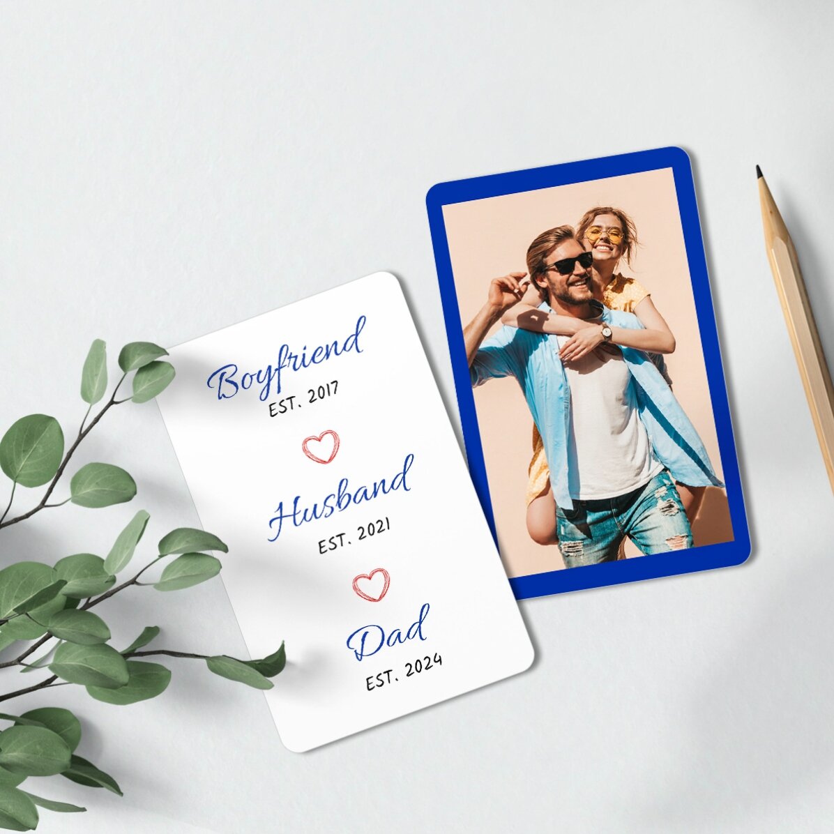 Tarjeta de aluminio personalizada por ambas caras con un mensaje y una foto de retrato