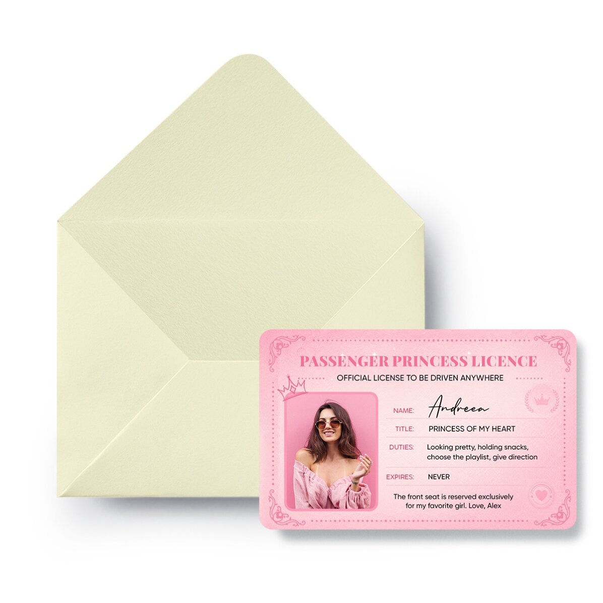 Tarjeta de aluminio personalizada por ambas caras con una foto y un texto - Passenger Princess