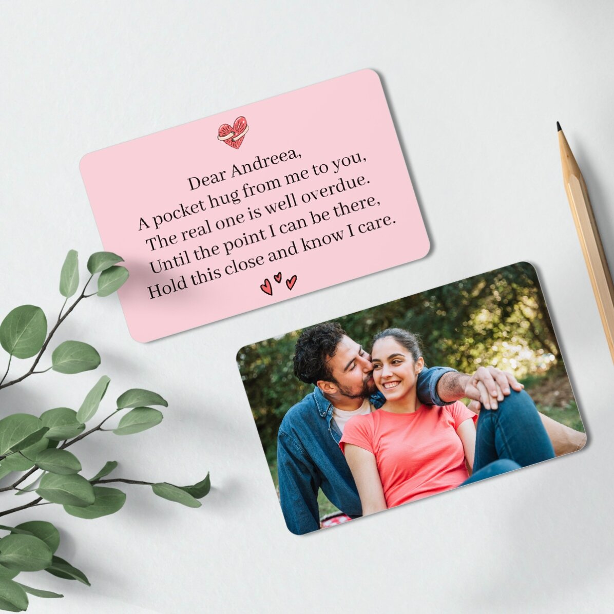 Tarjeta de aluminio personalizada por ambas caras con una foto y un texto