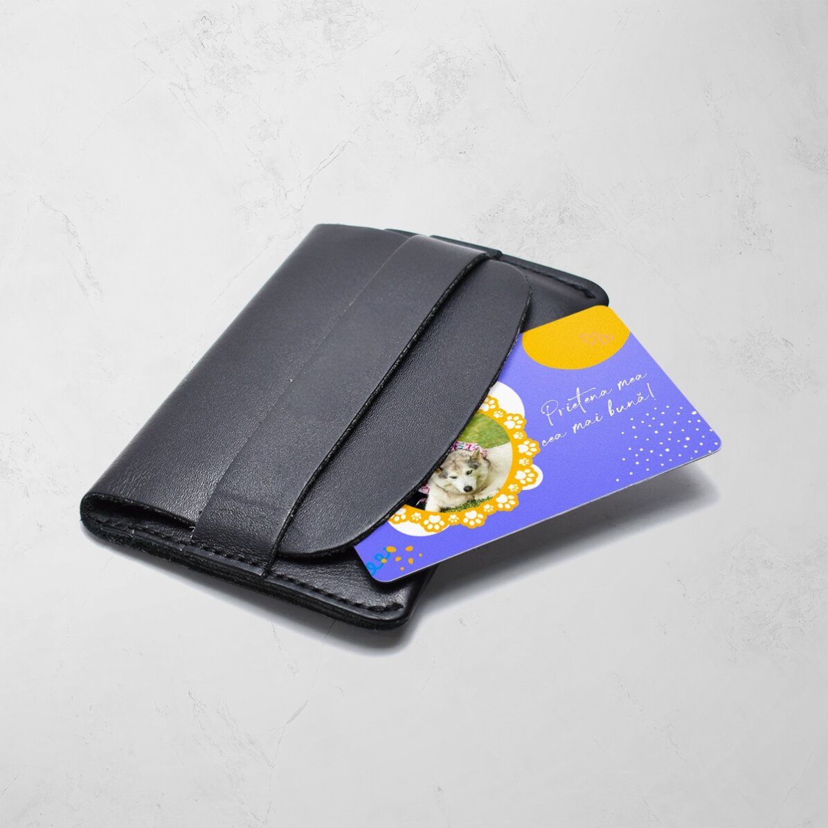 Tarjeta de aluminio personalizada por ambas caras con texto y dos fotos - El amigo peludo