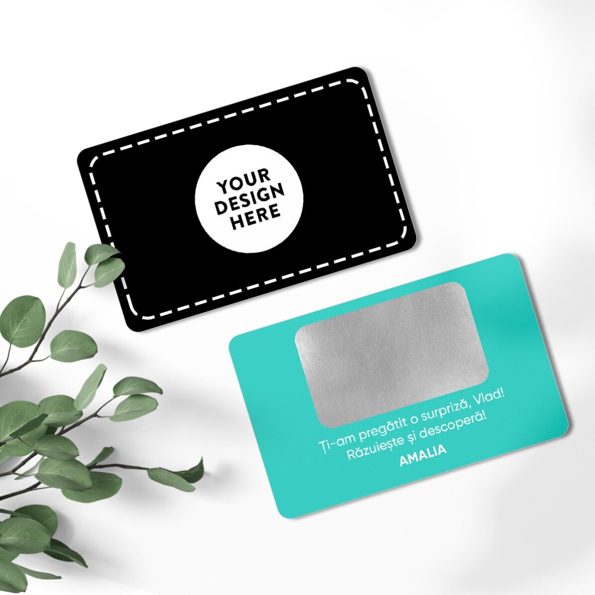 Tarjeta de aluminio rascable personalizada por ambas caras con mensaje e imagen