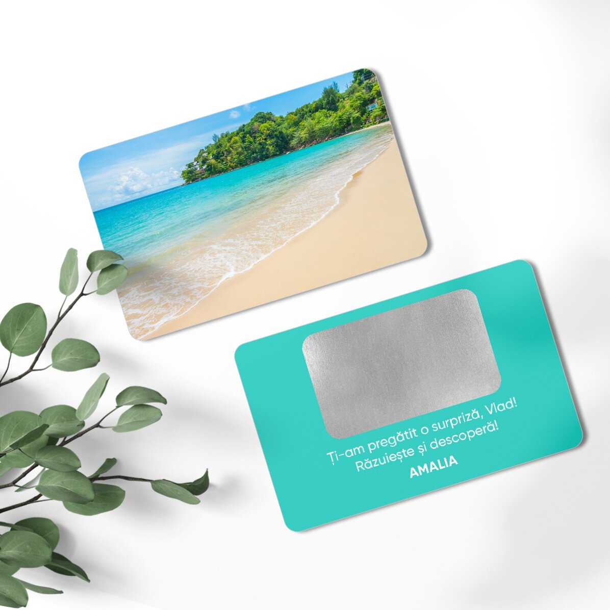 Tarjeta de aluminio rascable personalizada por ambas caras con mensaje e imagen