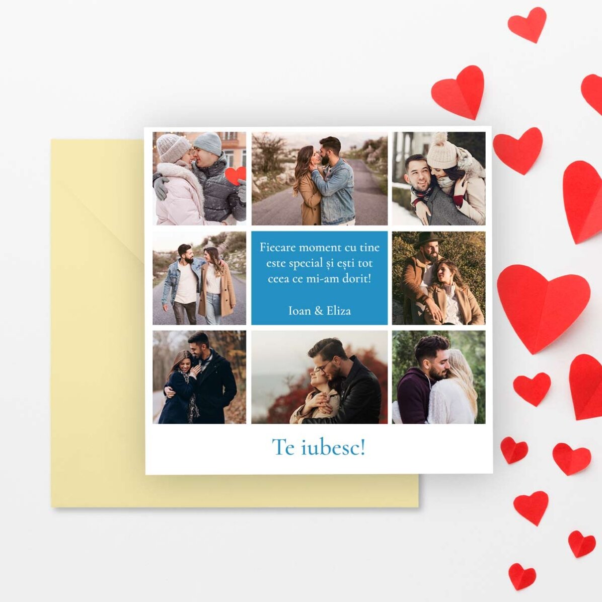 Tarjeta cuadrada personalizada con 8 fotos y un mensaje - Love