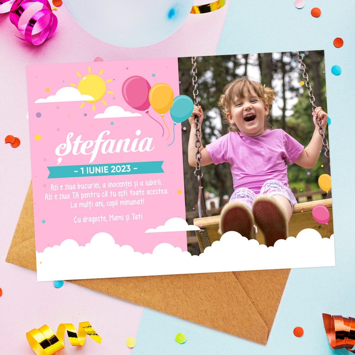 Tarjeta personalizada con mensaje y foto para el Día del Niño