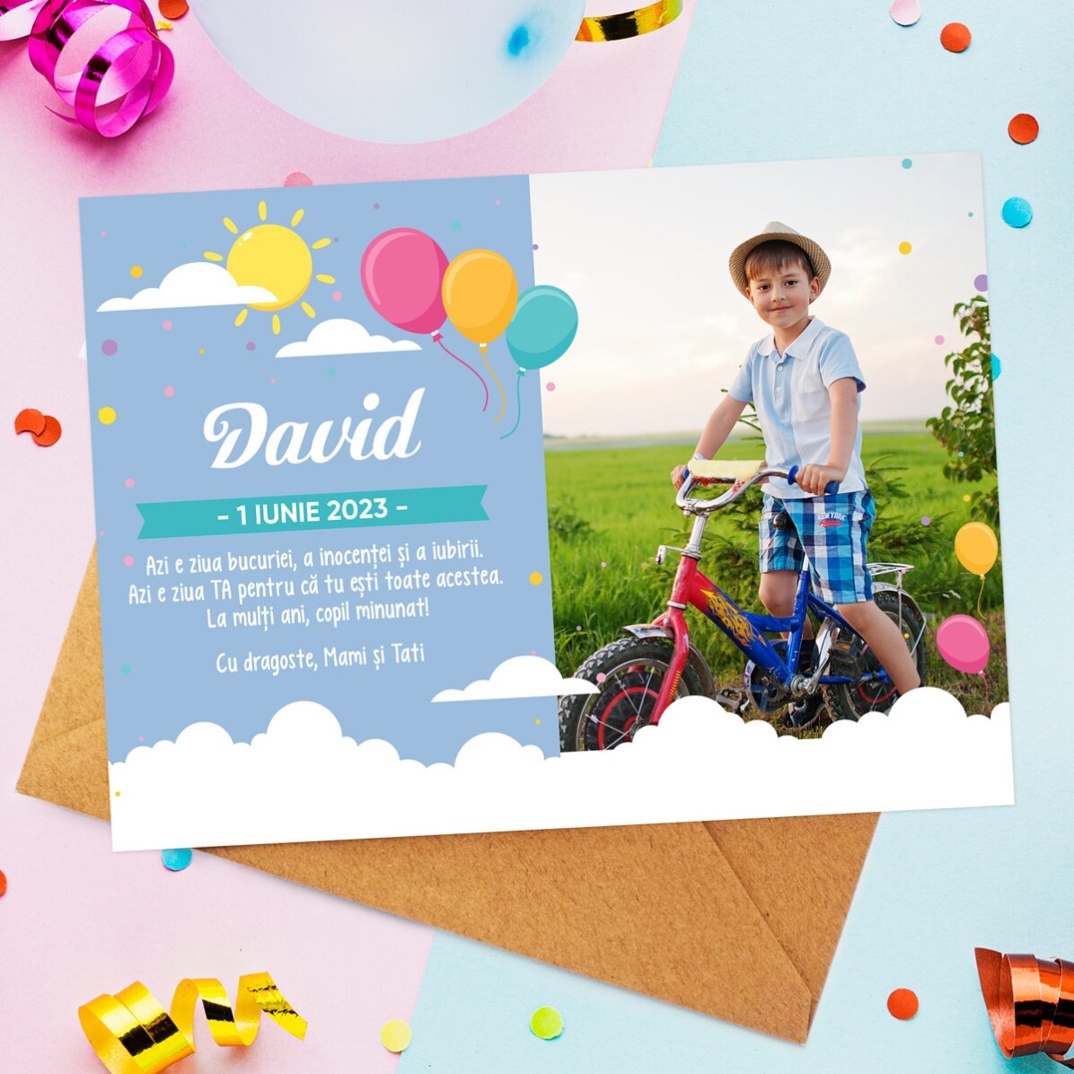 Tarjeta personalizada con mensaje y foto para el Día del Niño