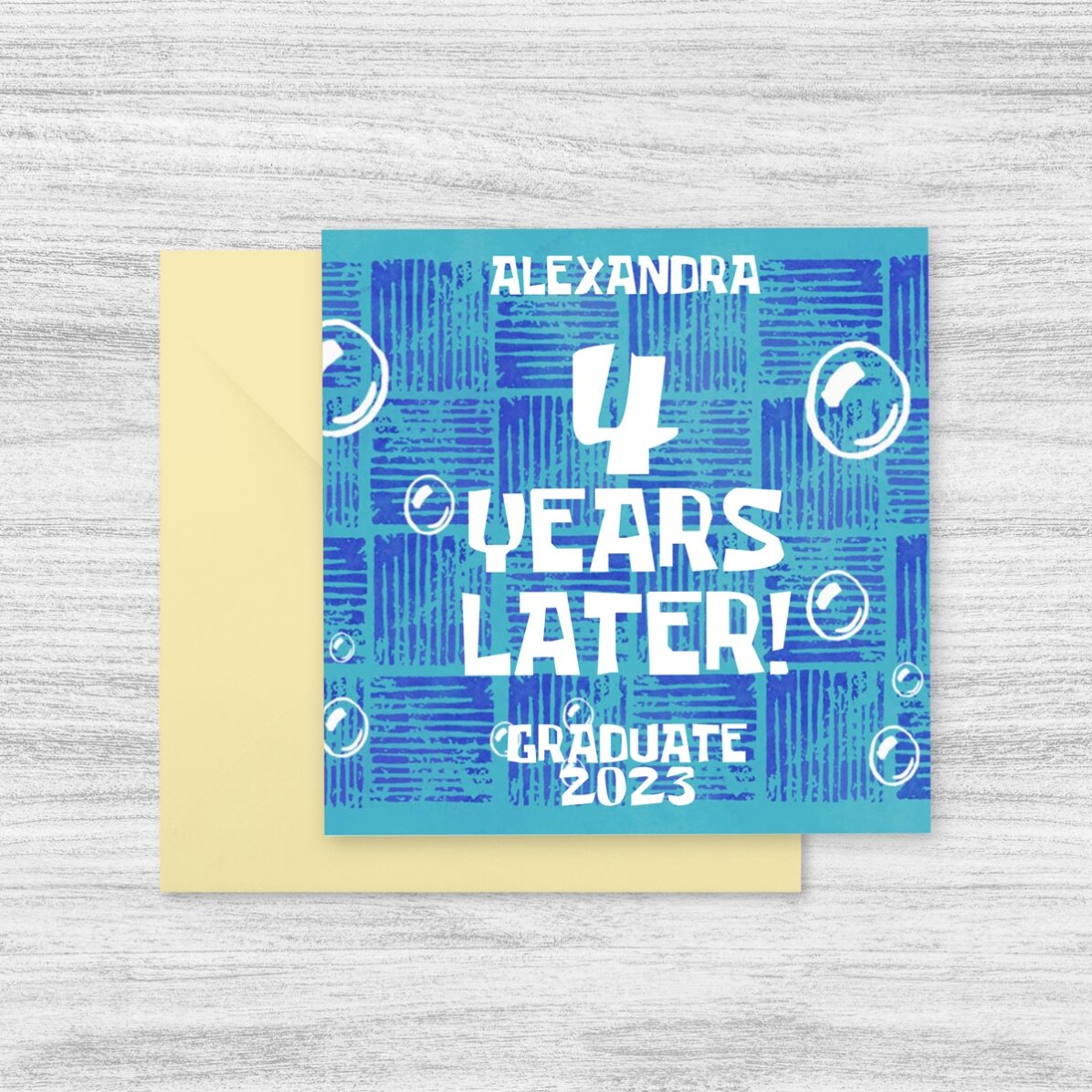 Personalised square card with text - 4 years later