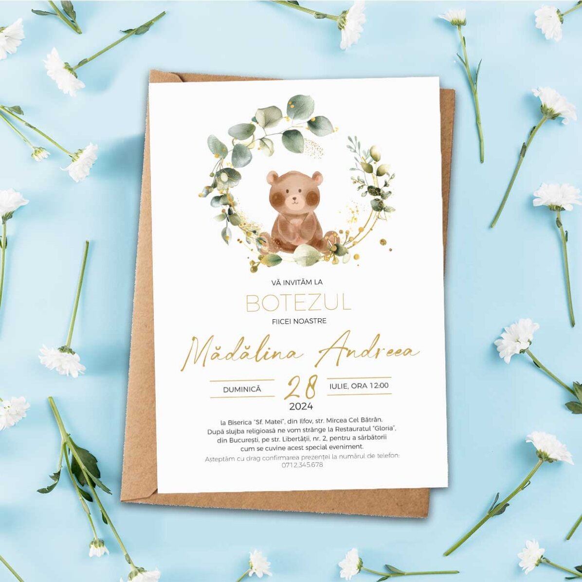 Tarjeta personalizada con texto - Invitación para un bautizo - El osito
