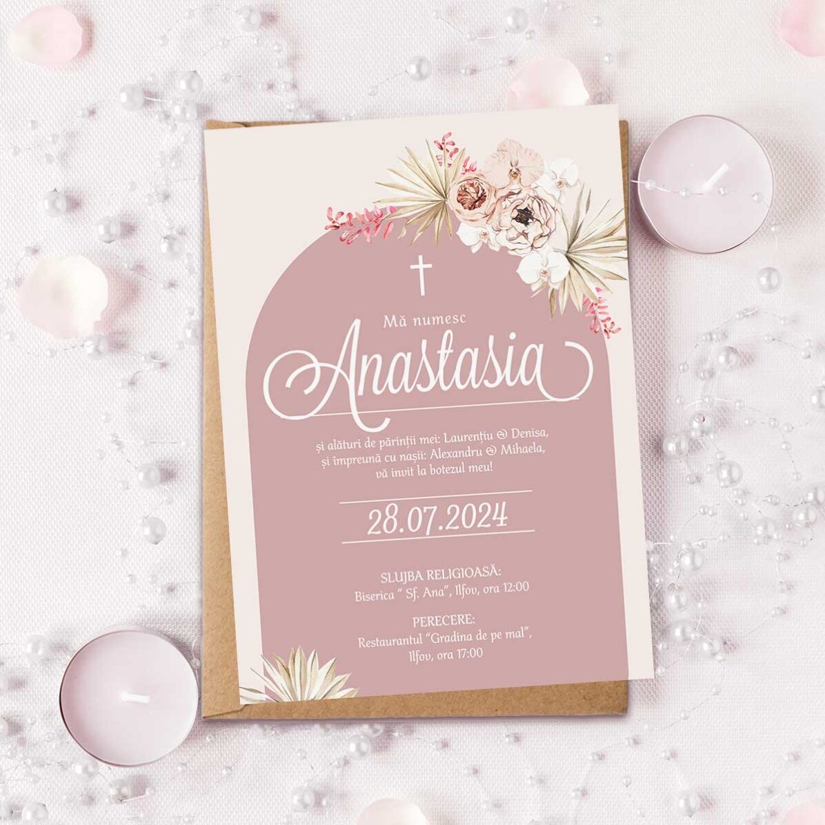 Tarjeta personalizada con texto - Invitación para un bautizo - Pink Elegance