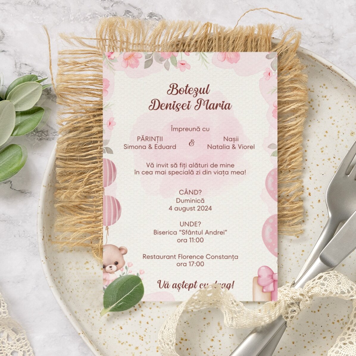 Tarjeta personalizada con texto - invitación para un bautizo - Rosa