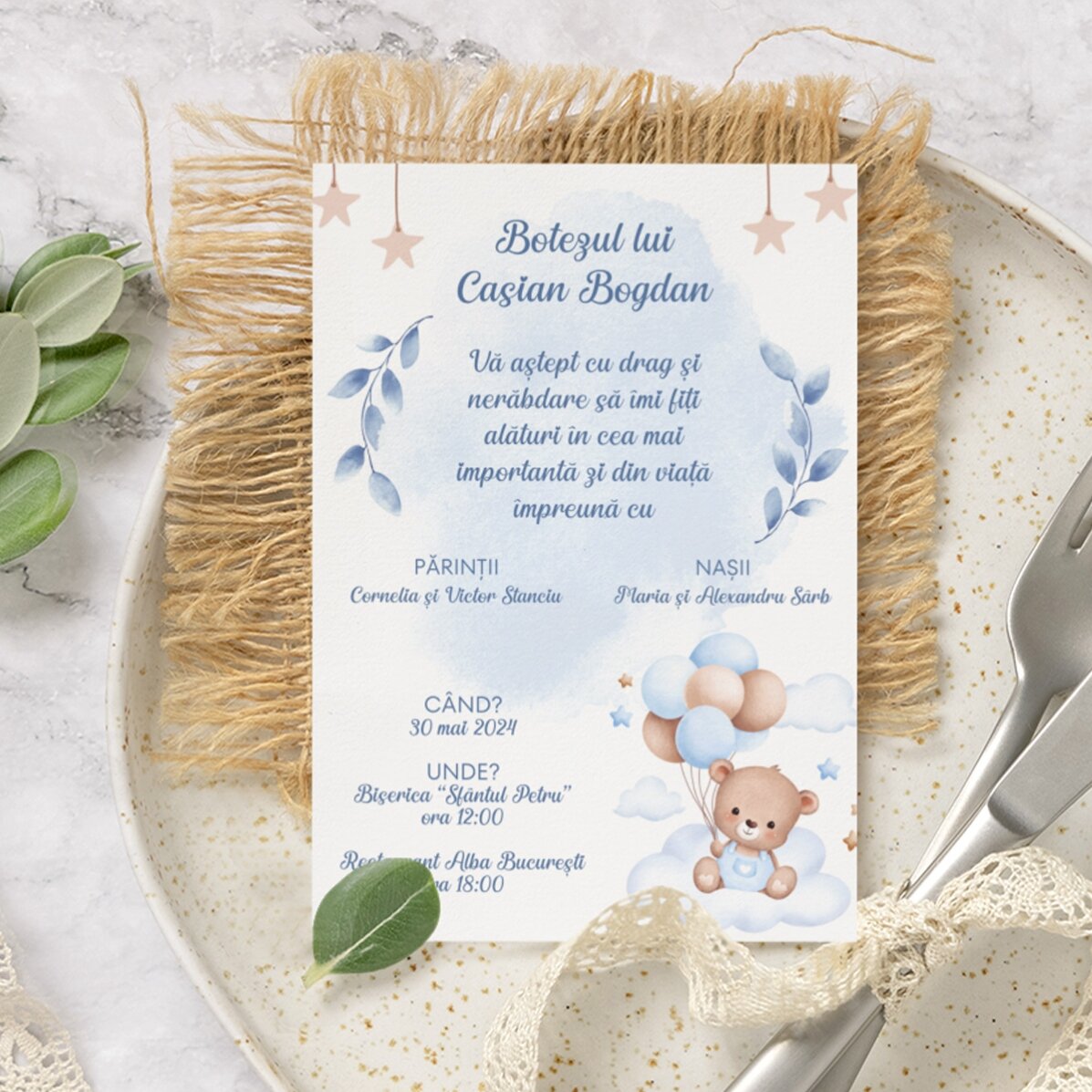 Tarjeta personalizada con texto - invitación para un bautizo - Osito