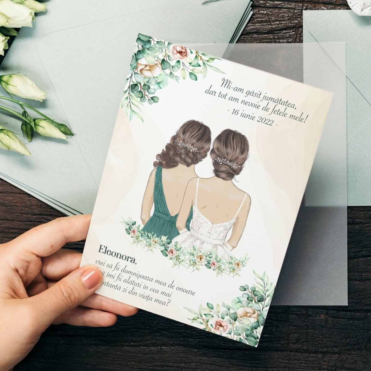 Tarjeta personalizada con mensaje para las damas de honor
