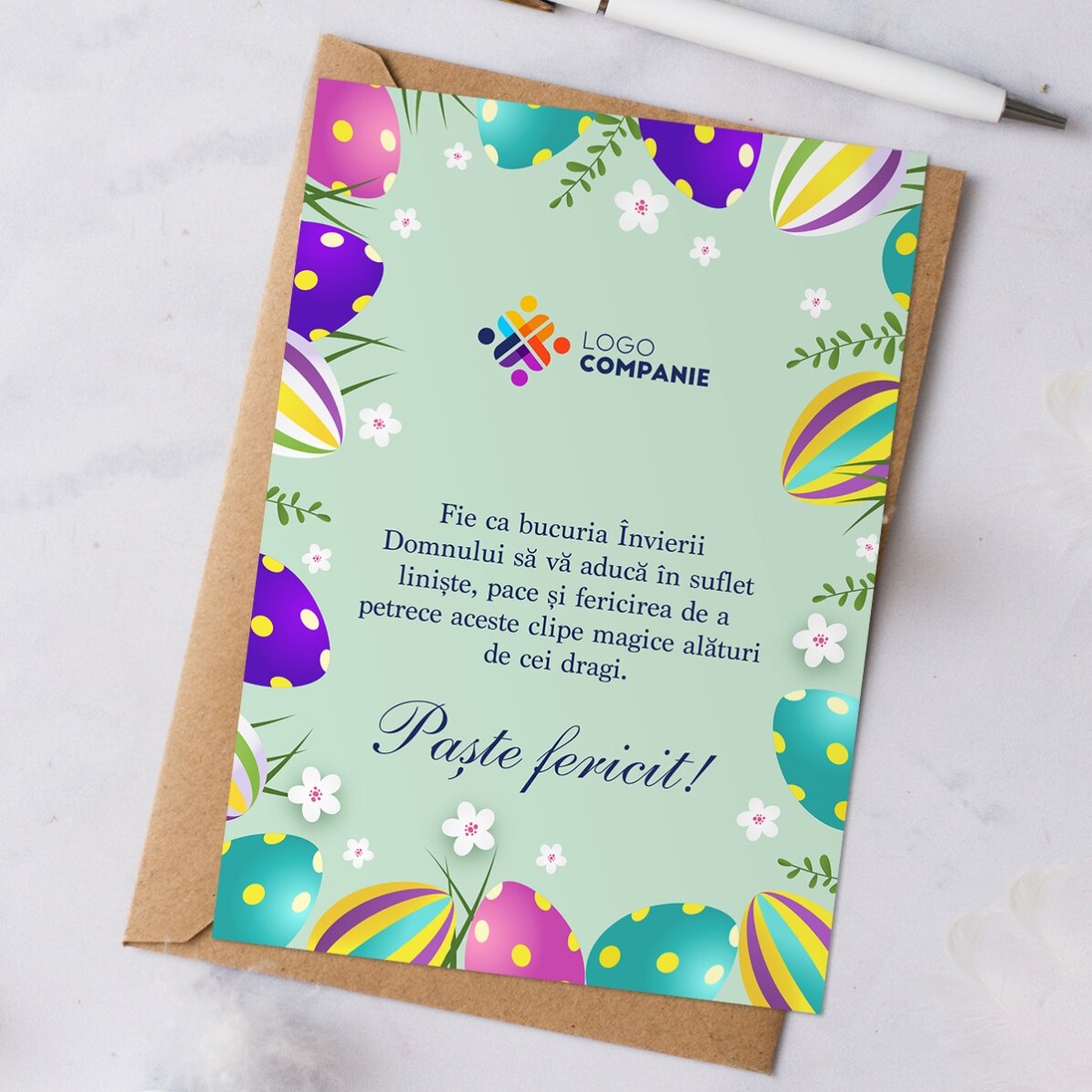 Tarjeta personalizada con texto y logotipo - Feliz Pascua