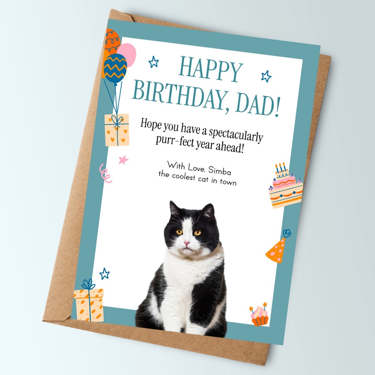 Tarjeta personalizada con un texto y una foto de tu mascota: ¡Feliz cumpleaños!