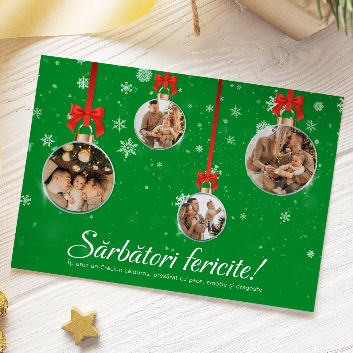 Tarjeta de Navidad personalizada con 4 fotos y texto - Modelo «Globulete»