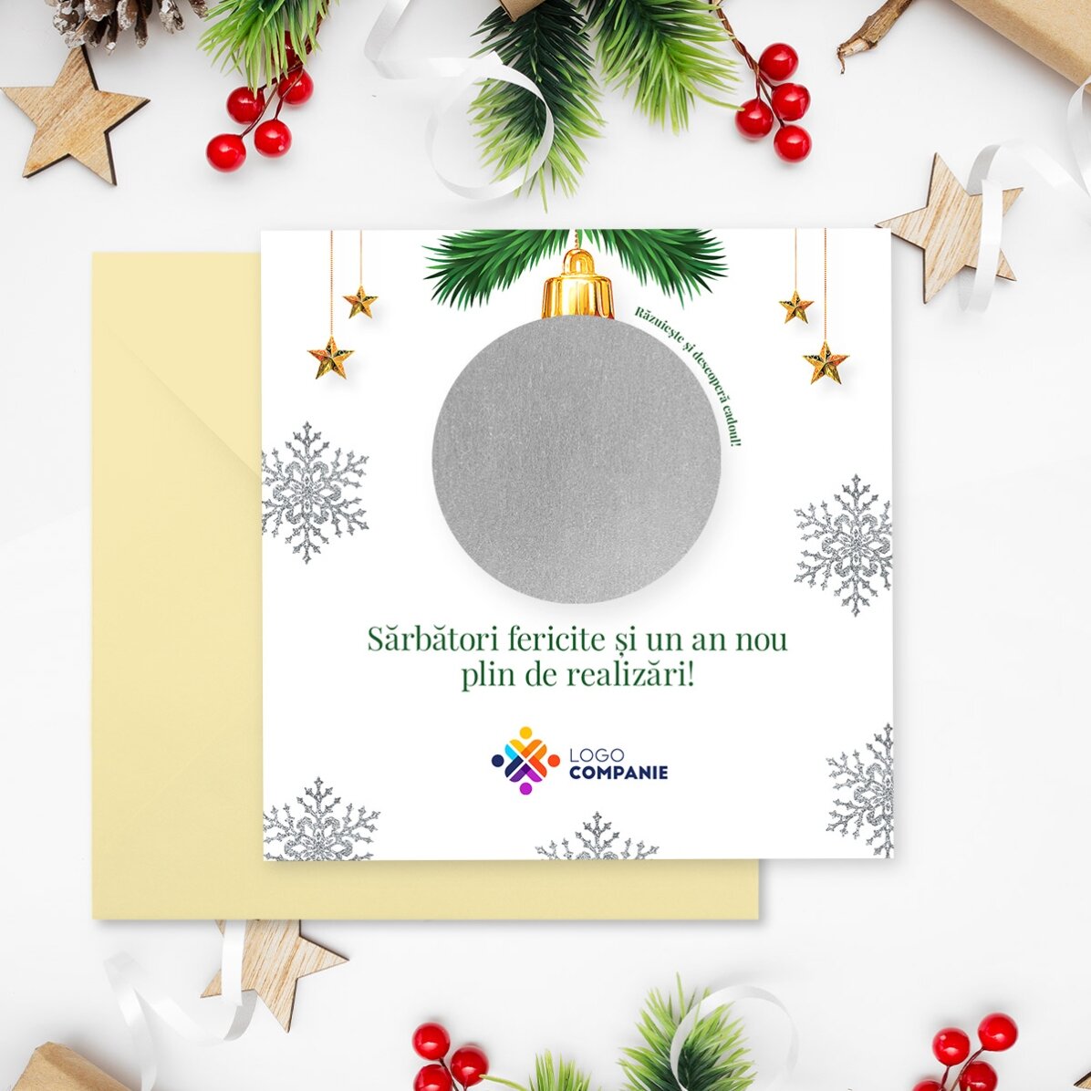 Tarjeta rasca y gana personalizada con logotipo y mensaje - Sorpresa de Navidad