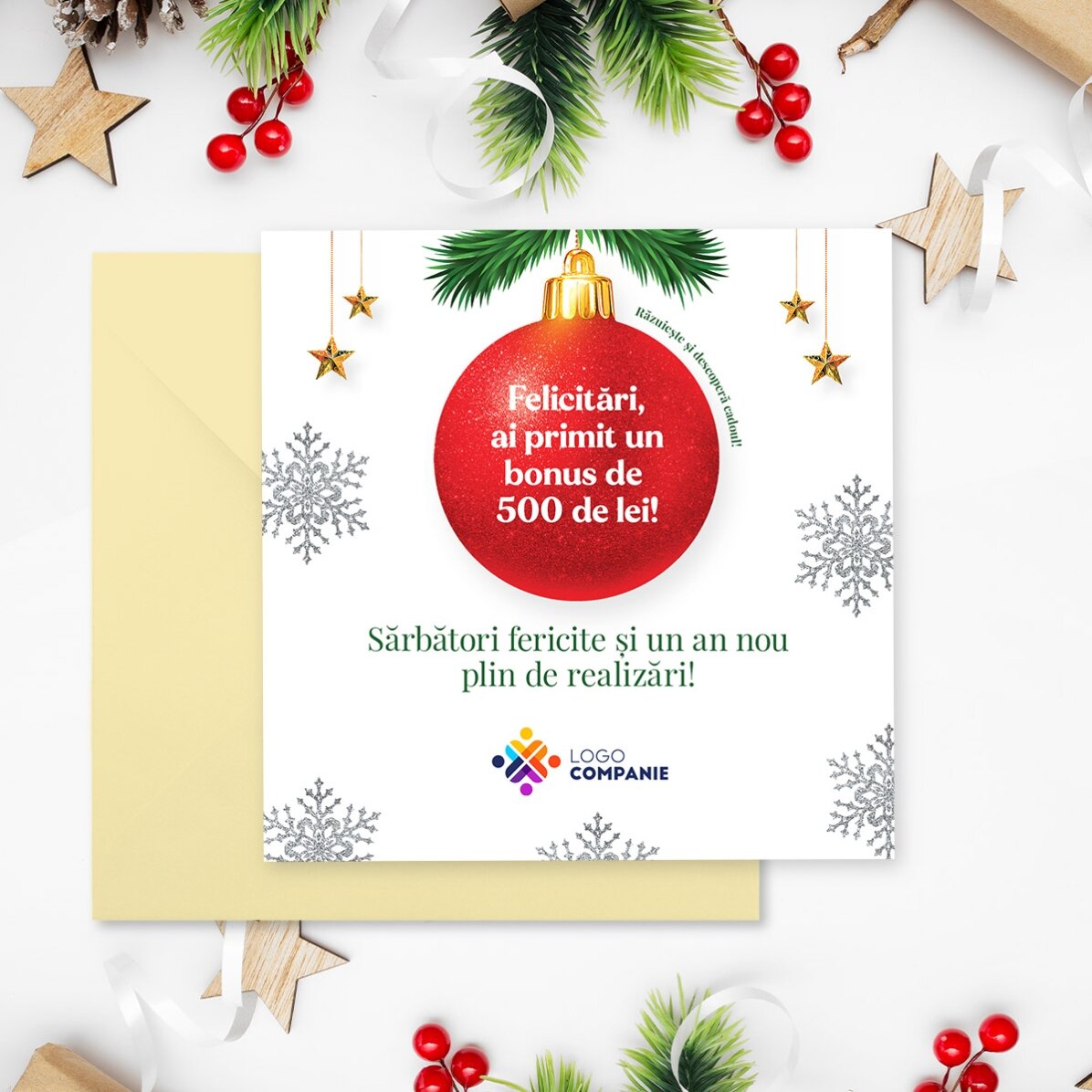 Tarjeta rasca y gana personalizada con logotipo y mensaje - Sorpresa de Navidad