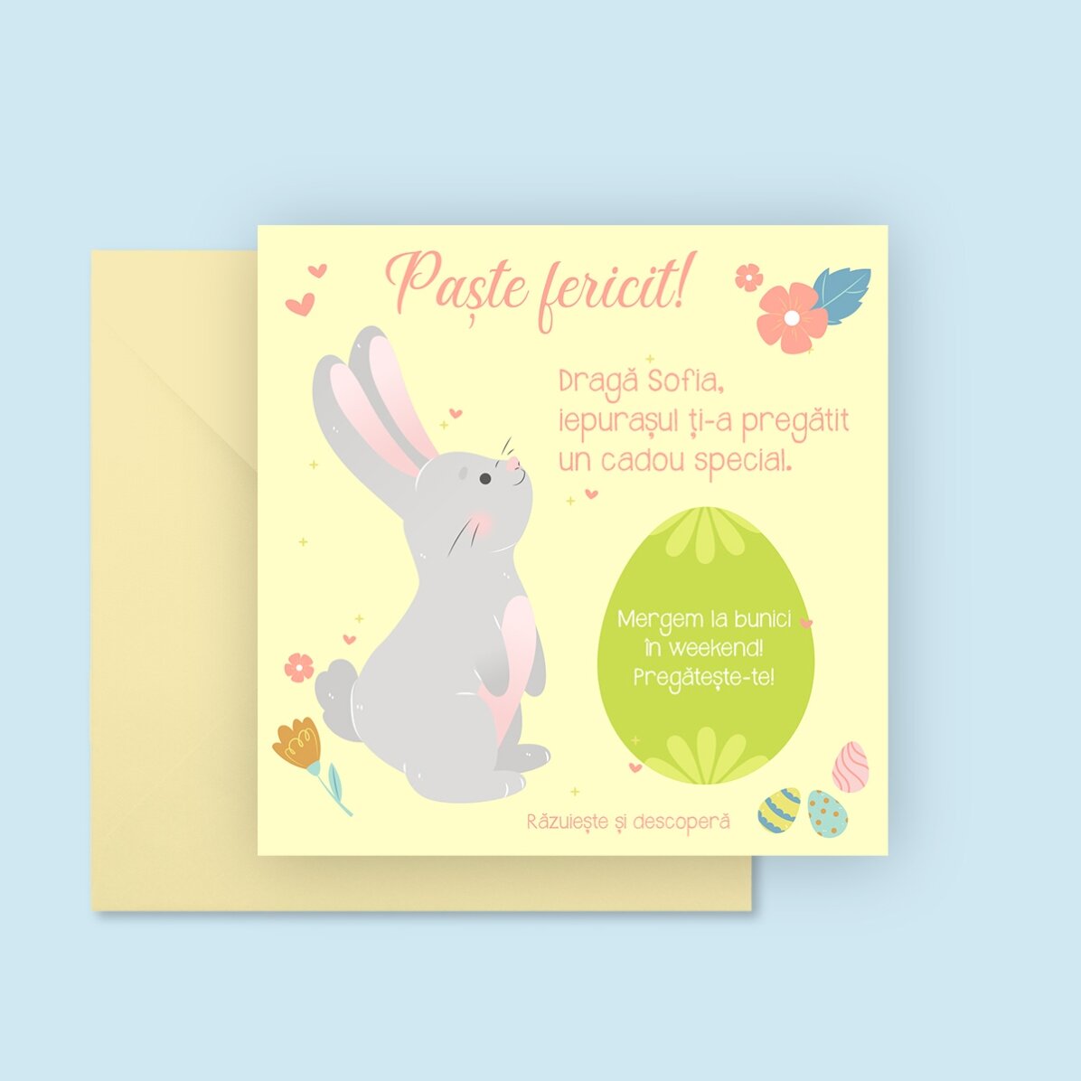 Tarjeta rasca y gana personalizada con mensaje - Del conejito de Pascua