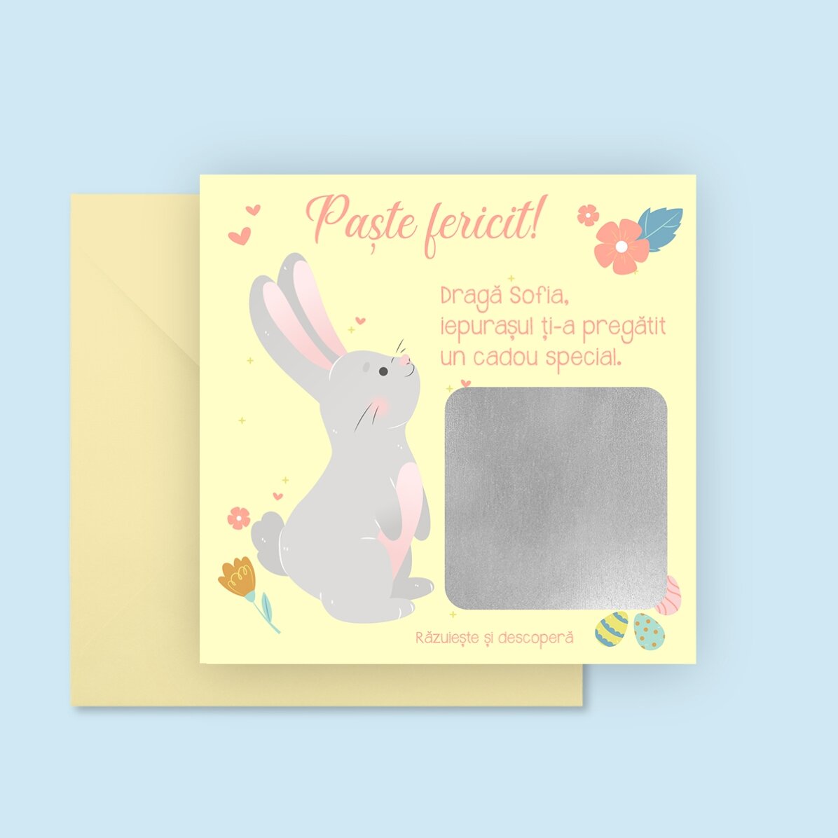 Tarjeta rasca y gana personalizada con mensaje - Del conejito de Pascua