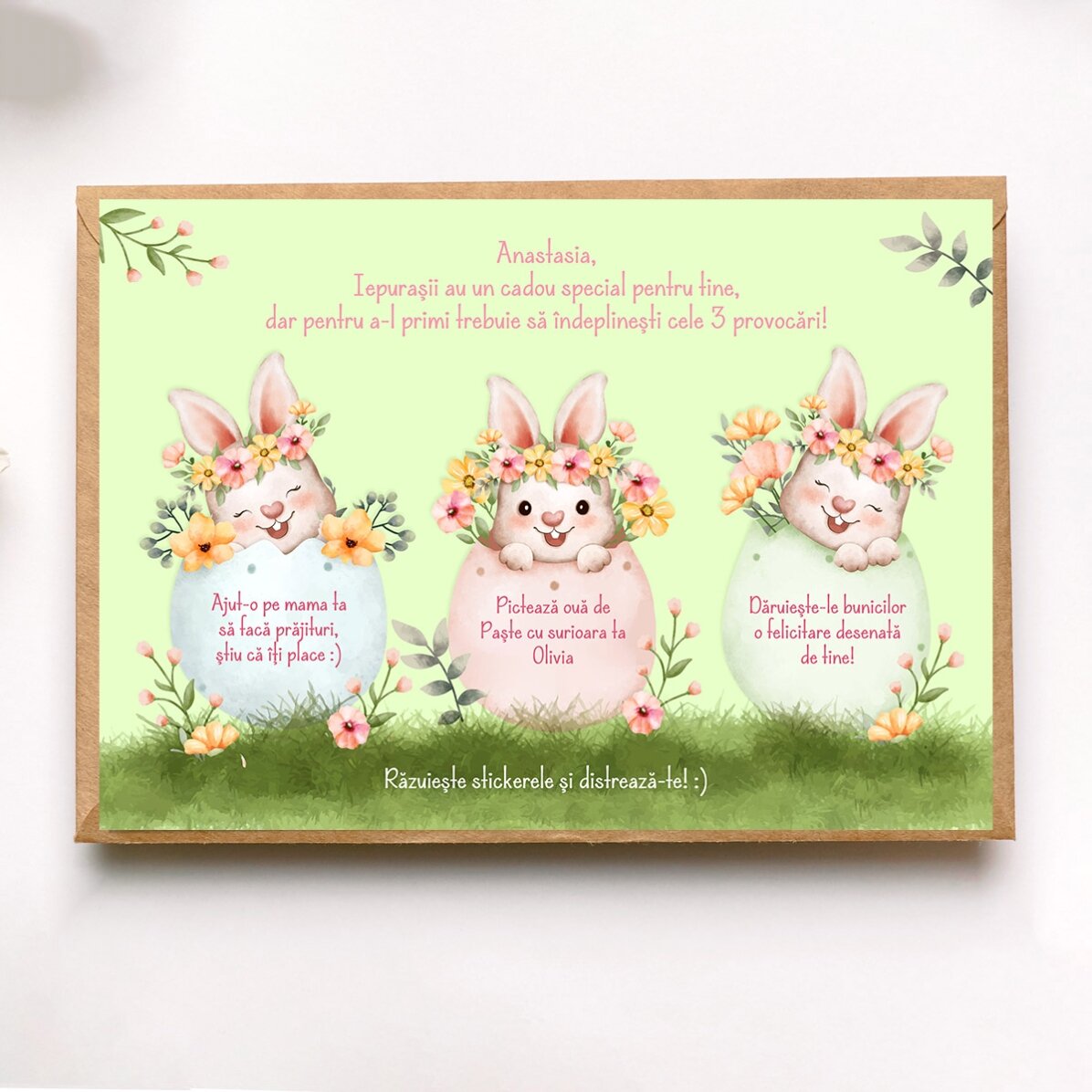 Tarjeta rasca y gana personalizada con mensaje de Pascua: «Los retos del conejito»