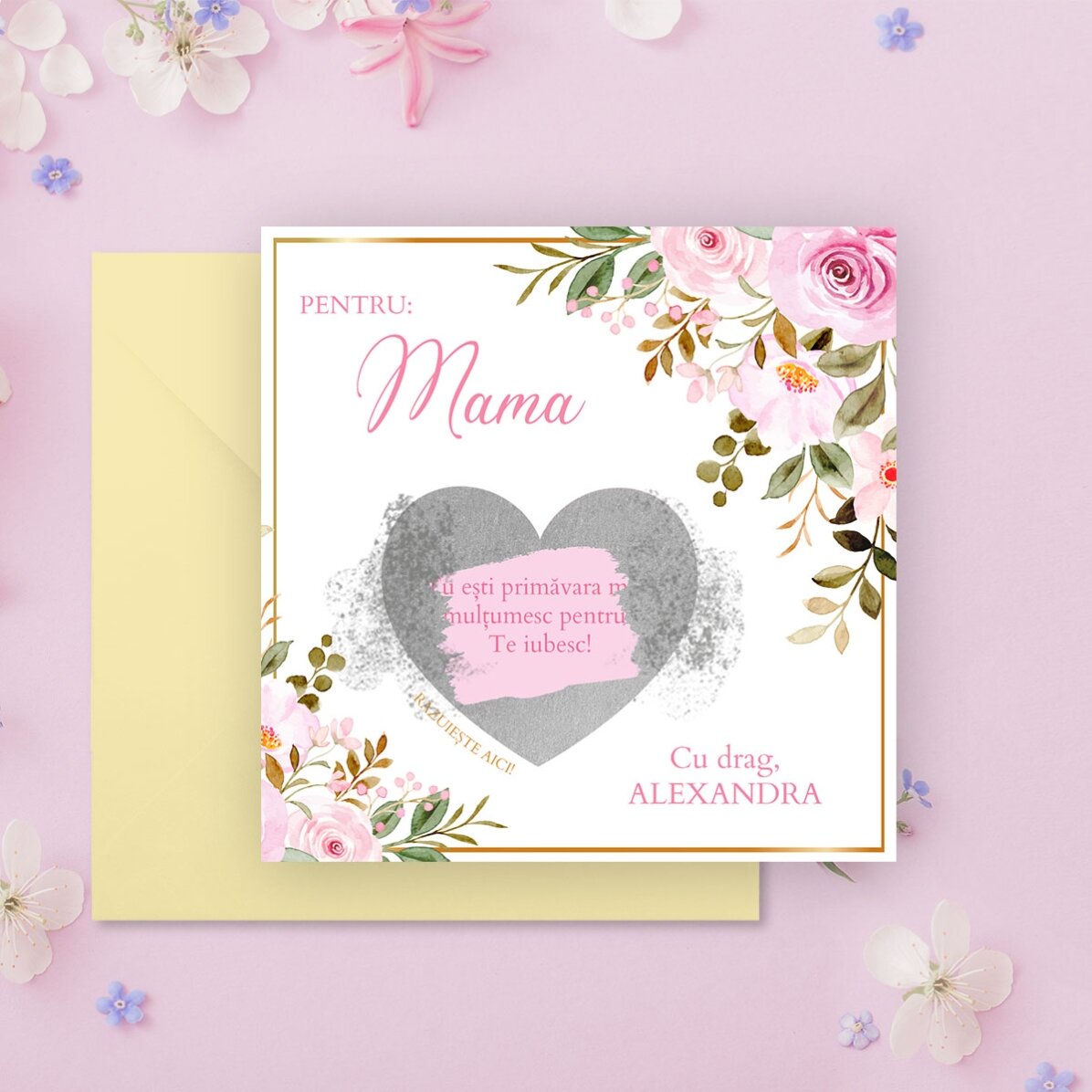 Tarjeta rasca y gana personalizada con mensaje - diseño floral