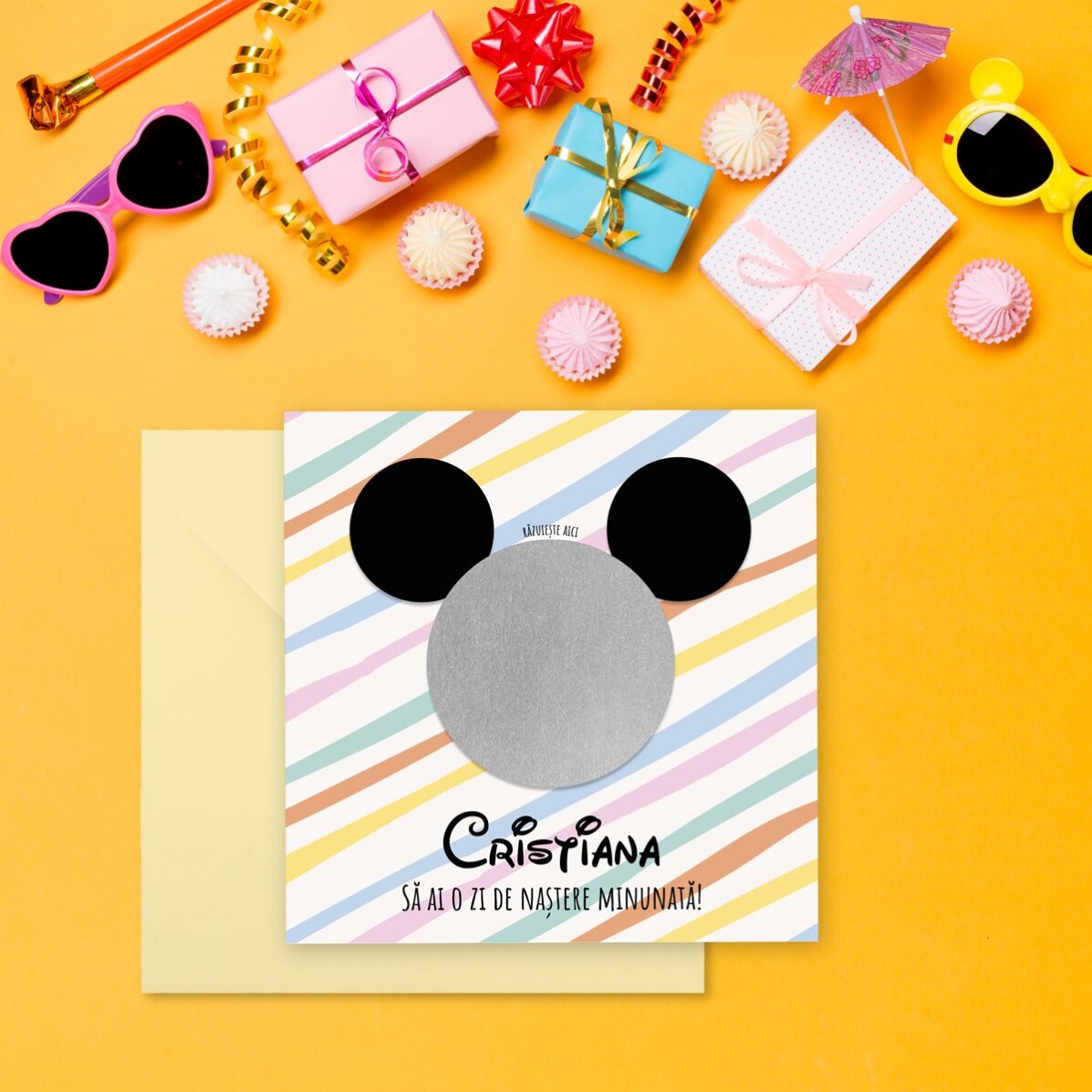 Tarjeta rasca y gana personalizada con mensaje - Orejas de Mickey