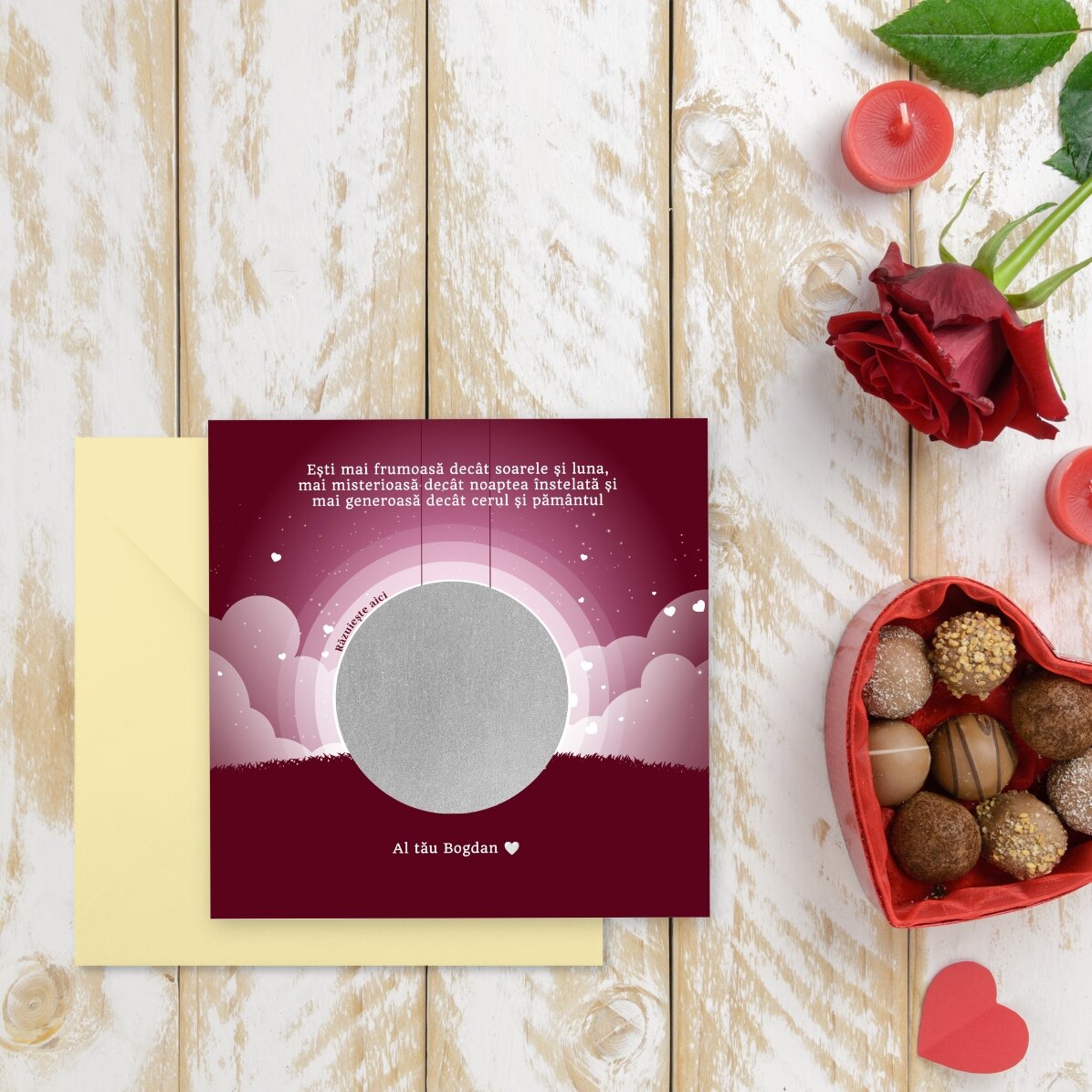 Tarjeta rasca y gana personalizada con mensaje: Paisaje nocturno de San Valentín