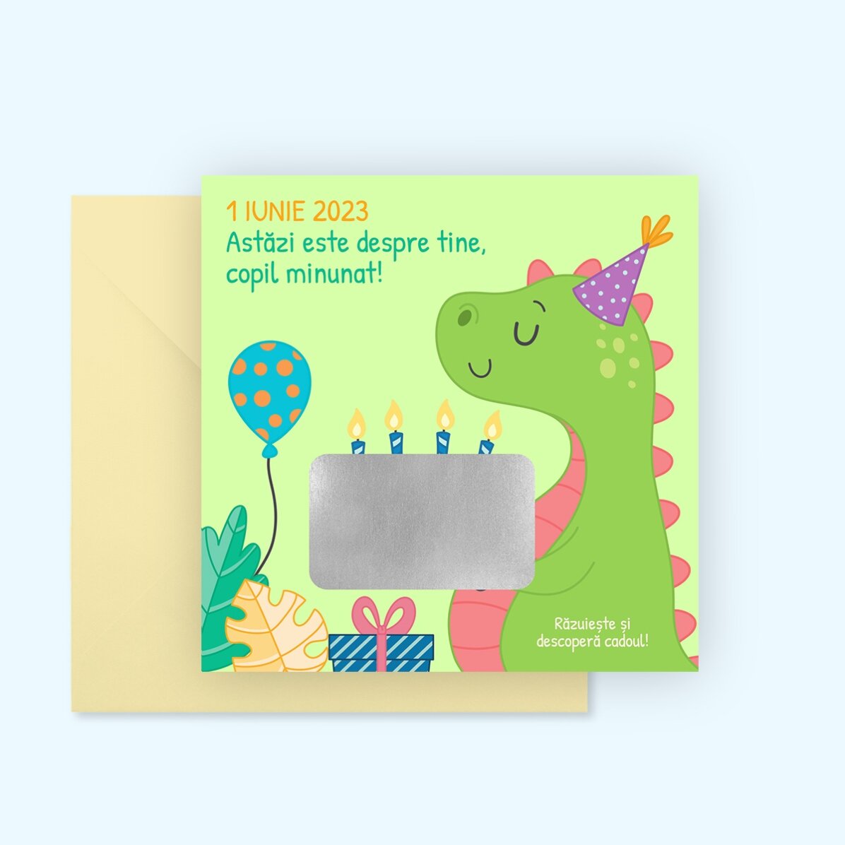 Tarjeta rasca y gana personalizada con mensaje para niños - Dino