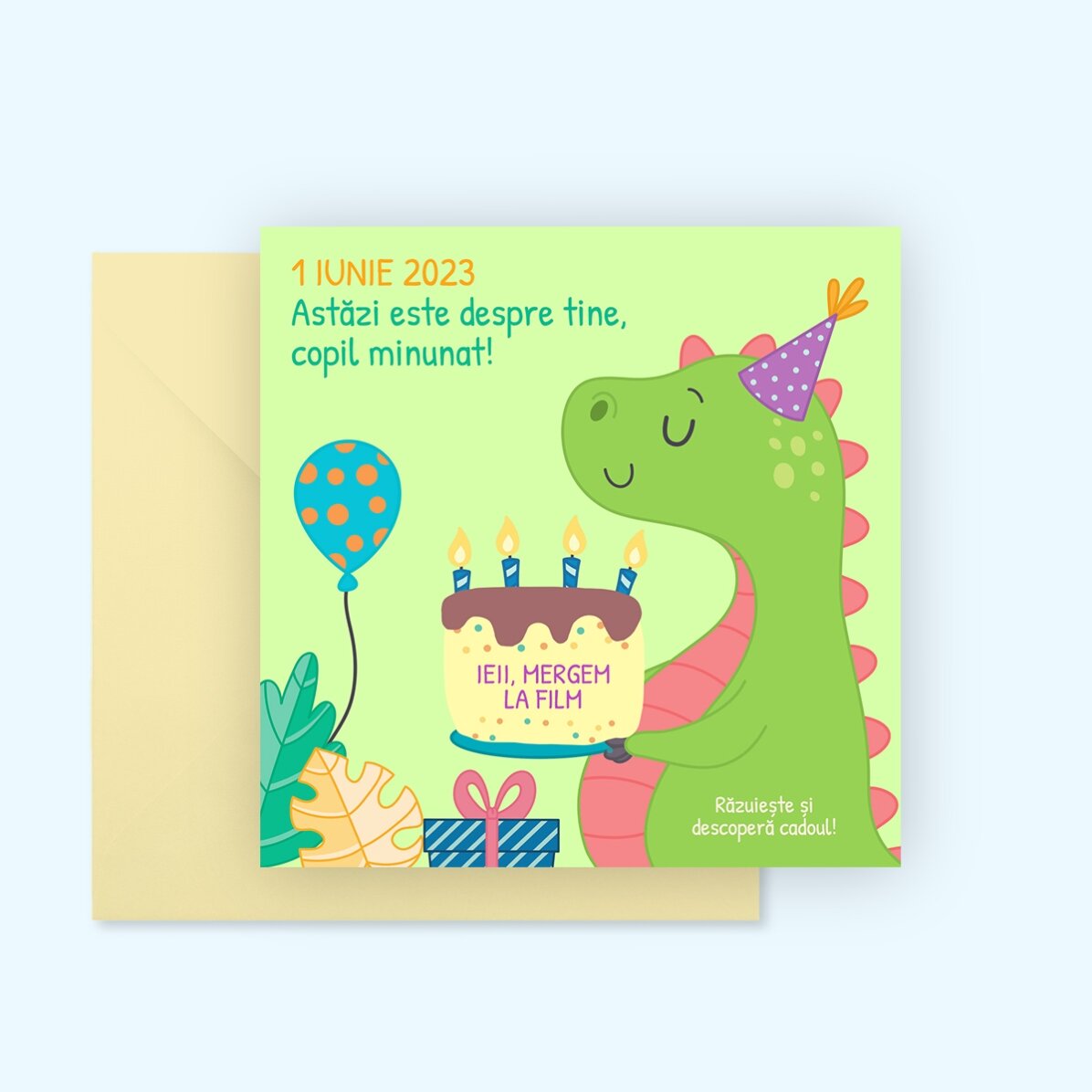 Tarjeta rasca y gana personalizada con mensaje para niños - Dino