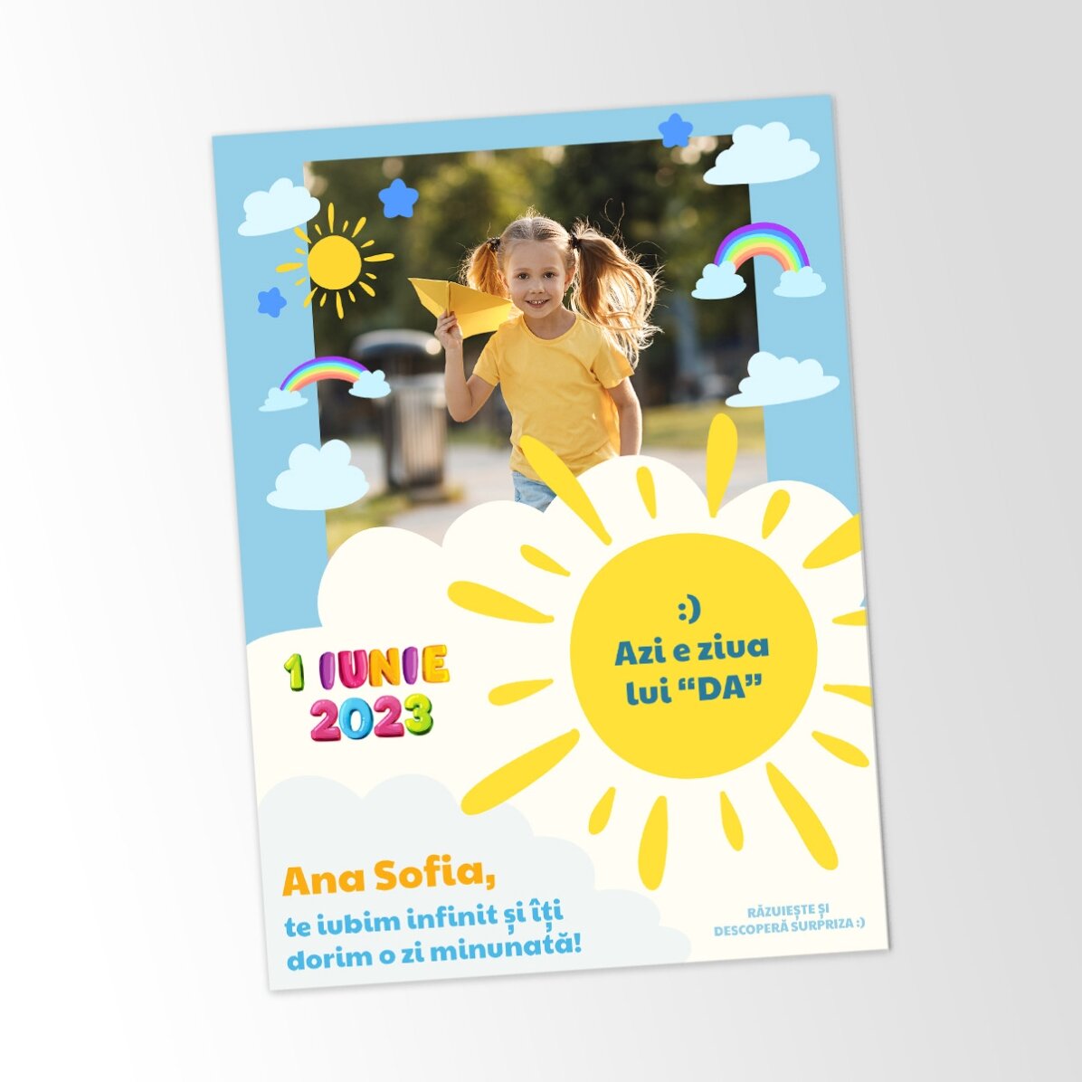 Tarjeta rasca y gana personalizada con foto y mensaje para los niños, para el 1 de junio