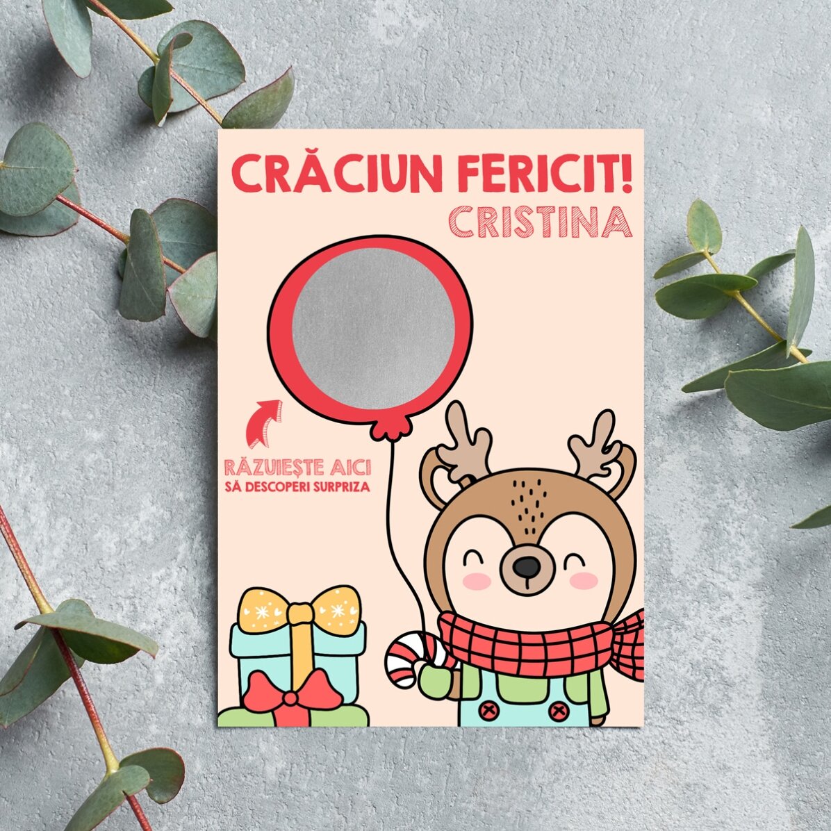 Tarjeta de Navidad personalizada para rascar - Reno con globo
