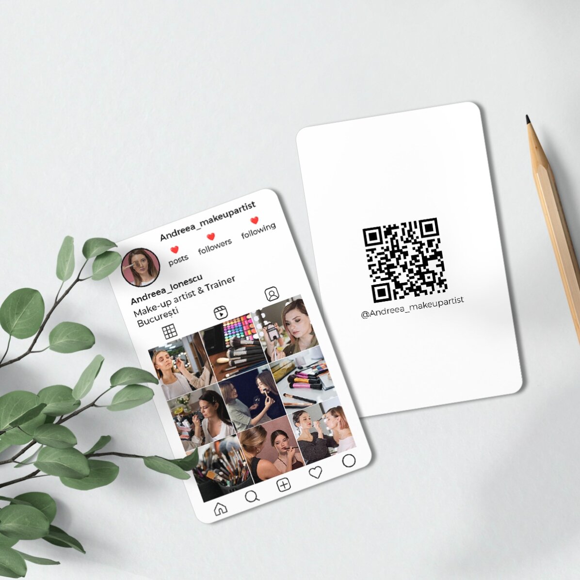 Customised double-sided aluminium business card with QR code, text and photos - Instagram