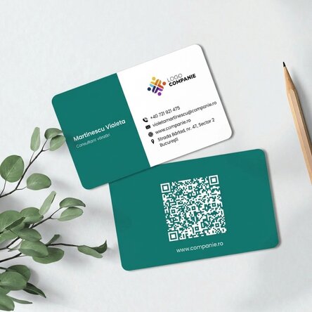 Tarjeta de visita de aluminio personalizada, con diseño de franja de color, logotipo y código QR