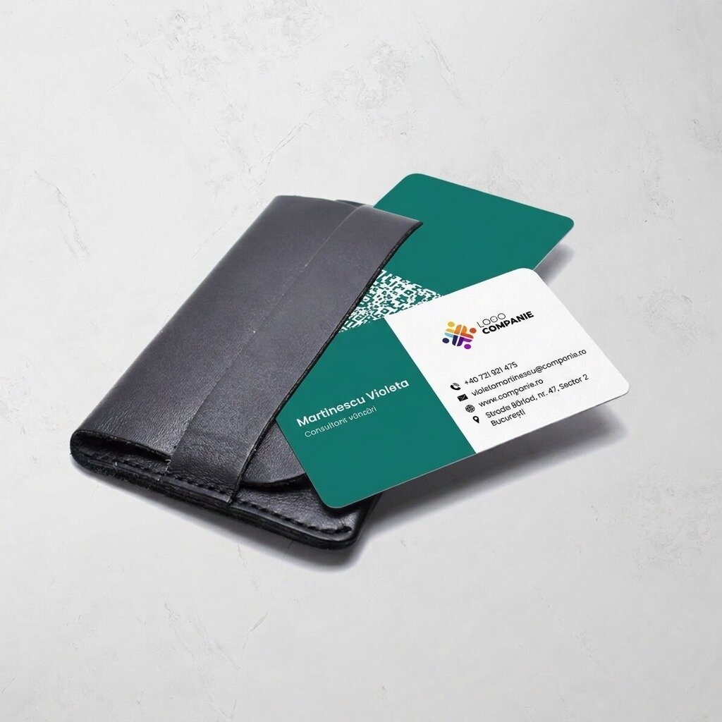 Tarjeta de visita de aluminio personalizada, con diseño de franja de color, logotipo y código QR