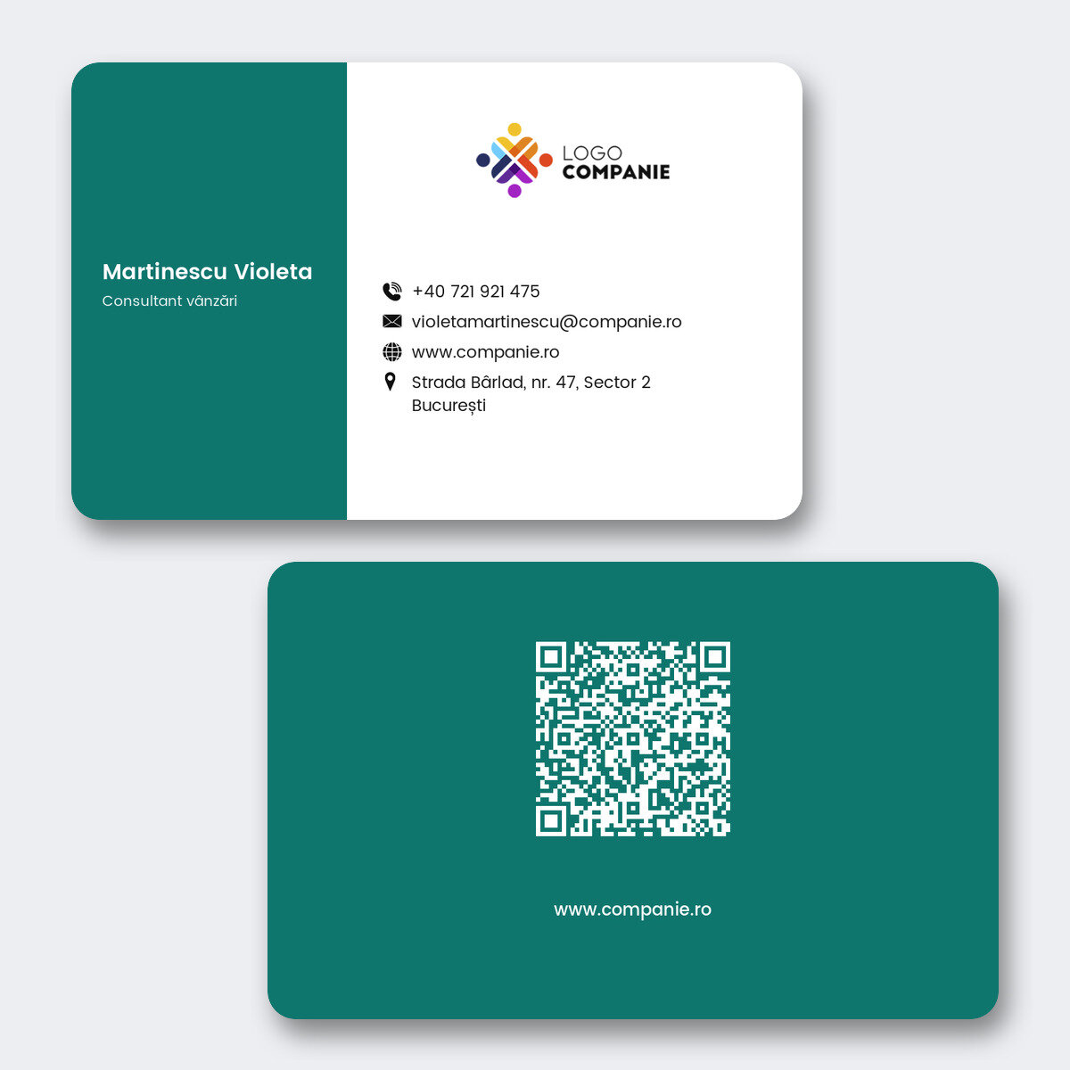 Tarjeta de visita de aluminio personalizada, con diseño de franja de color, logotipo y código QR