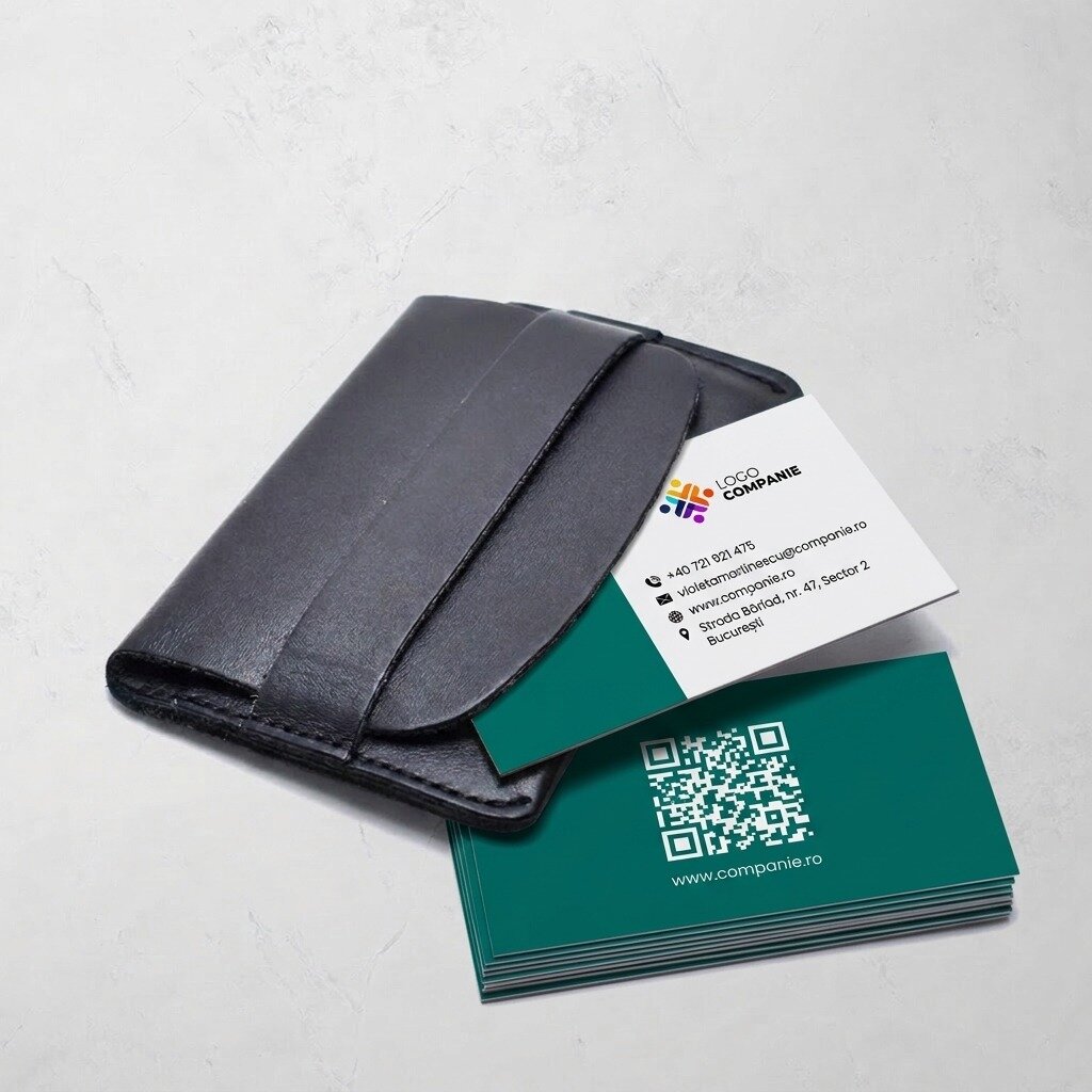 Tarjetas de visita personalizadas en papel, con diseño de franja de color, logotipo y código QR