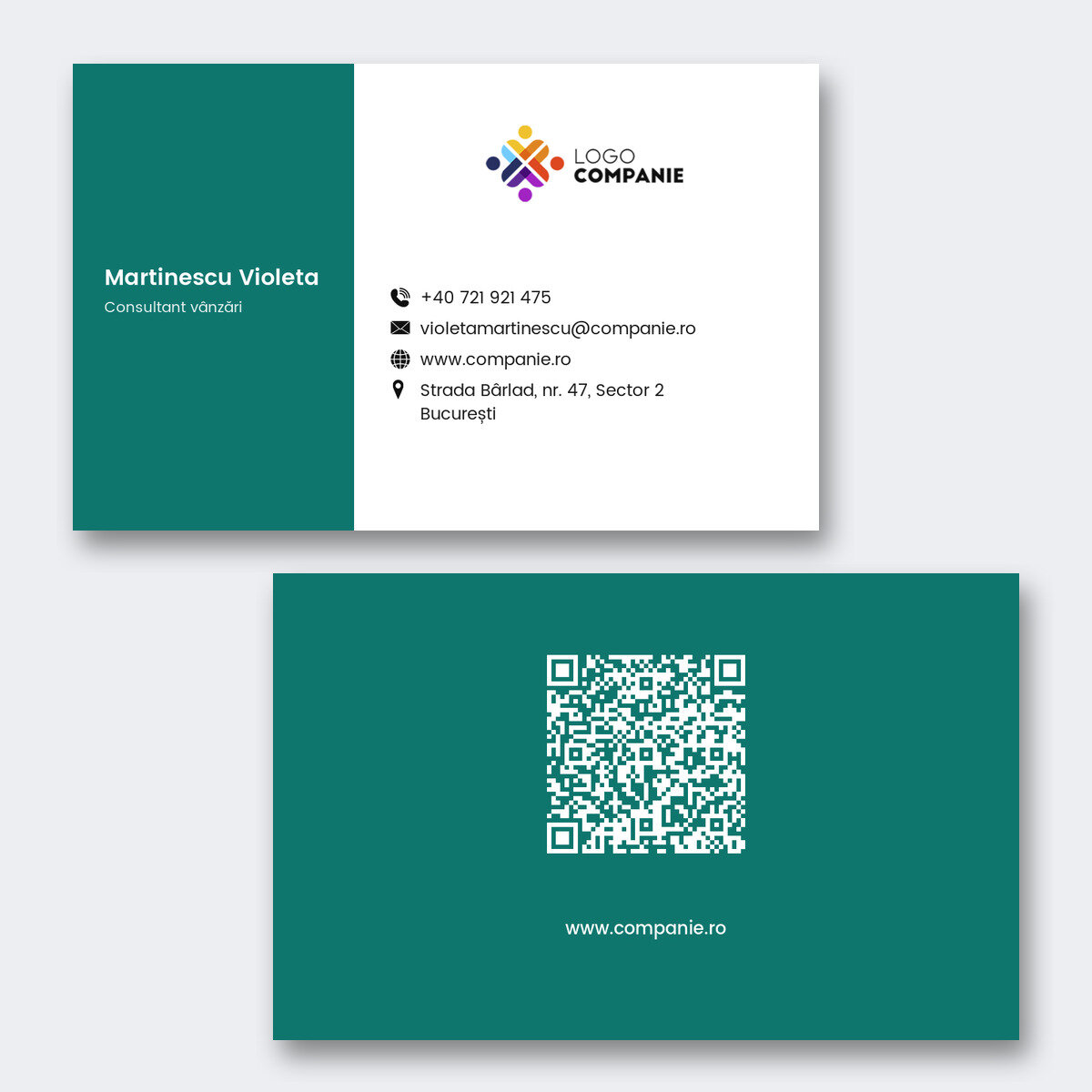 Tarjetas de visita personalizadas en papel, con diseño de franja de color, logotipo y código QR