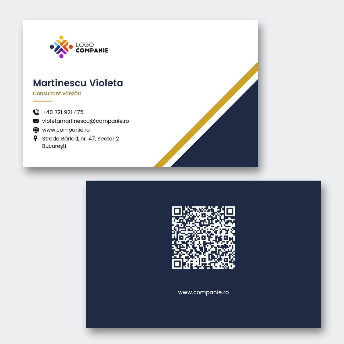 Tarjetas de visita personalizadas en papel, con diseño geométrico, logotipo y código QR
