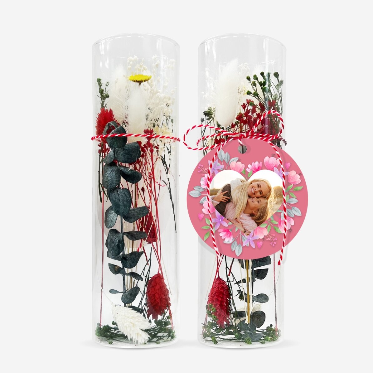 Adorno de cristal con flores preservadas personalizado con una foto - Flores rosas