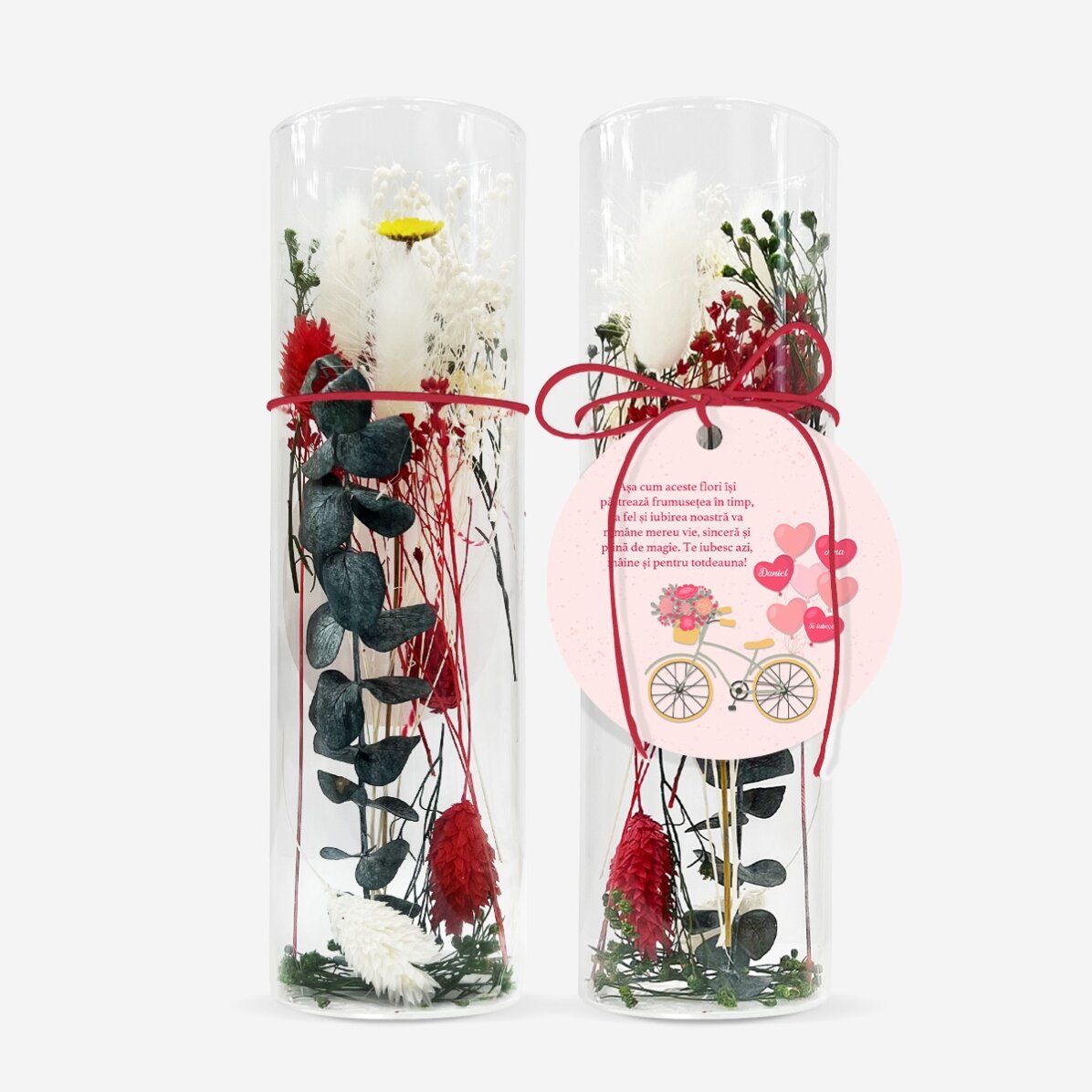 Adorno de cristal con flores preservadas, personalizado con el texto «Amor»