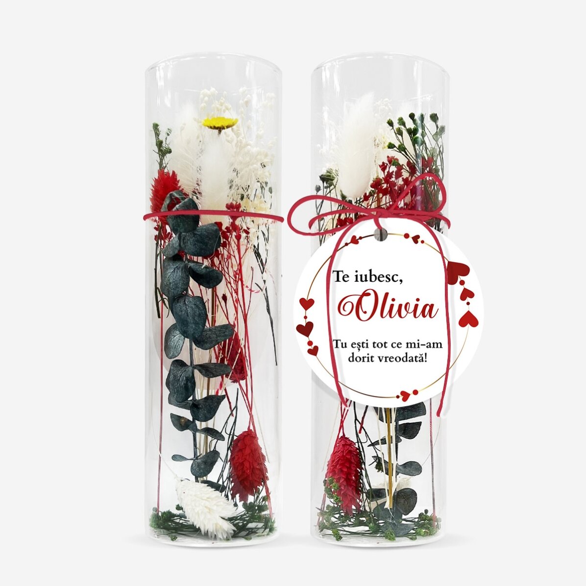 Adorno de cristal con flores preservadas personalizado con el texto «Te quiero»