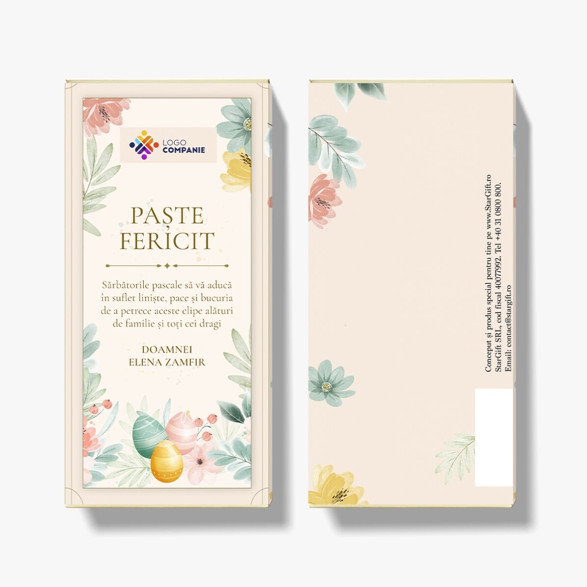 Chocolate personalizado con logotipo y mensaje de Pascua